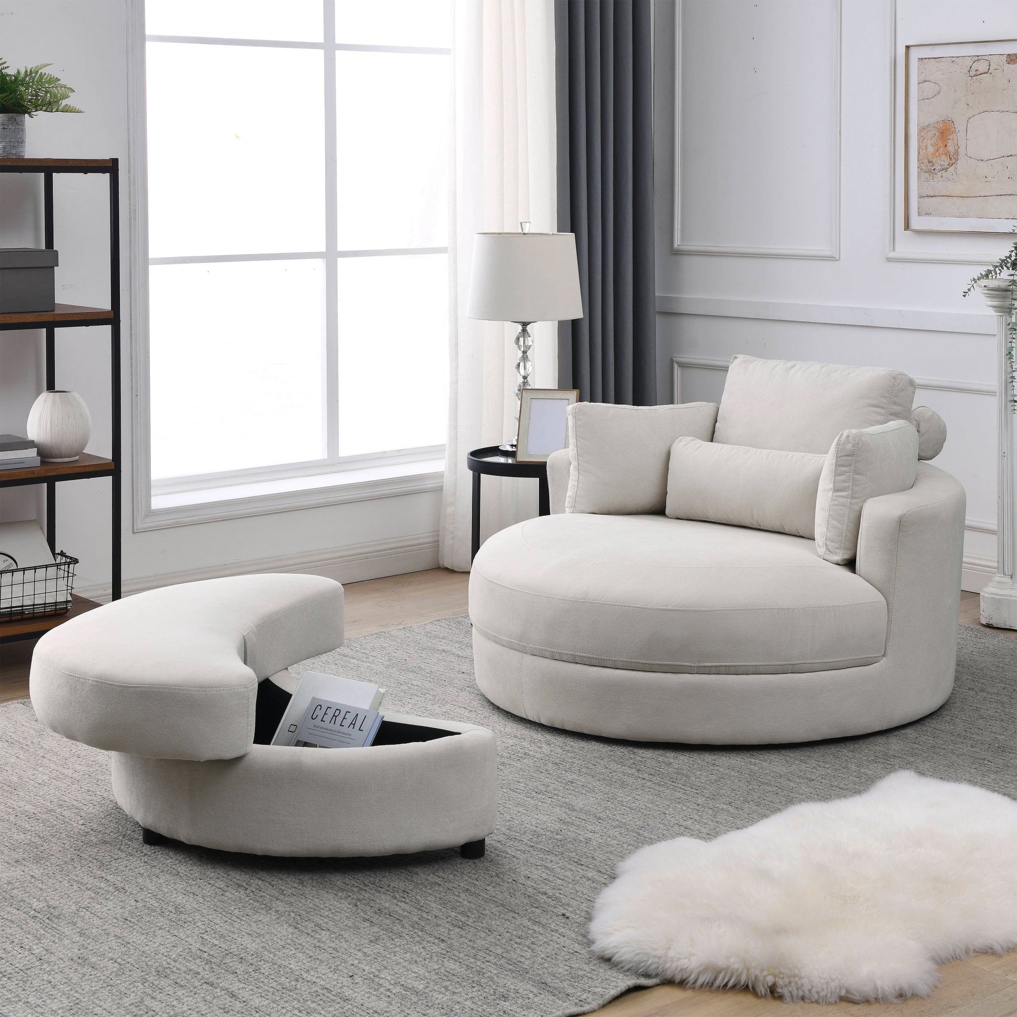 Video Welike Swivel Accent Barrel Modern Sofa Lounge Club Big Round Chair With Storage Ottoman Linen Fabric For Living Room Hotel With Pillows Beige Foam Fabric
