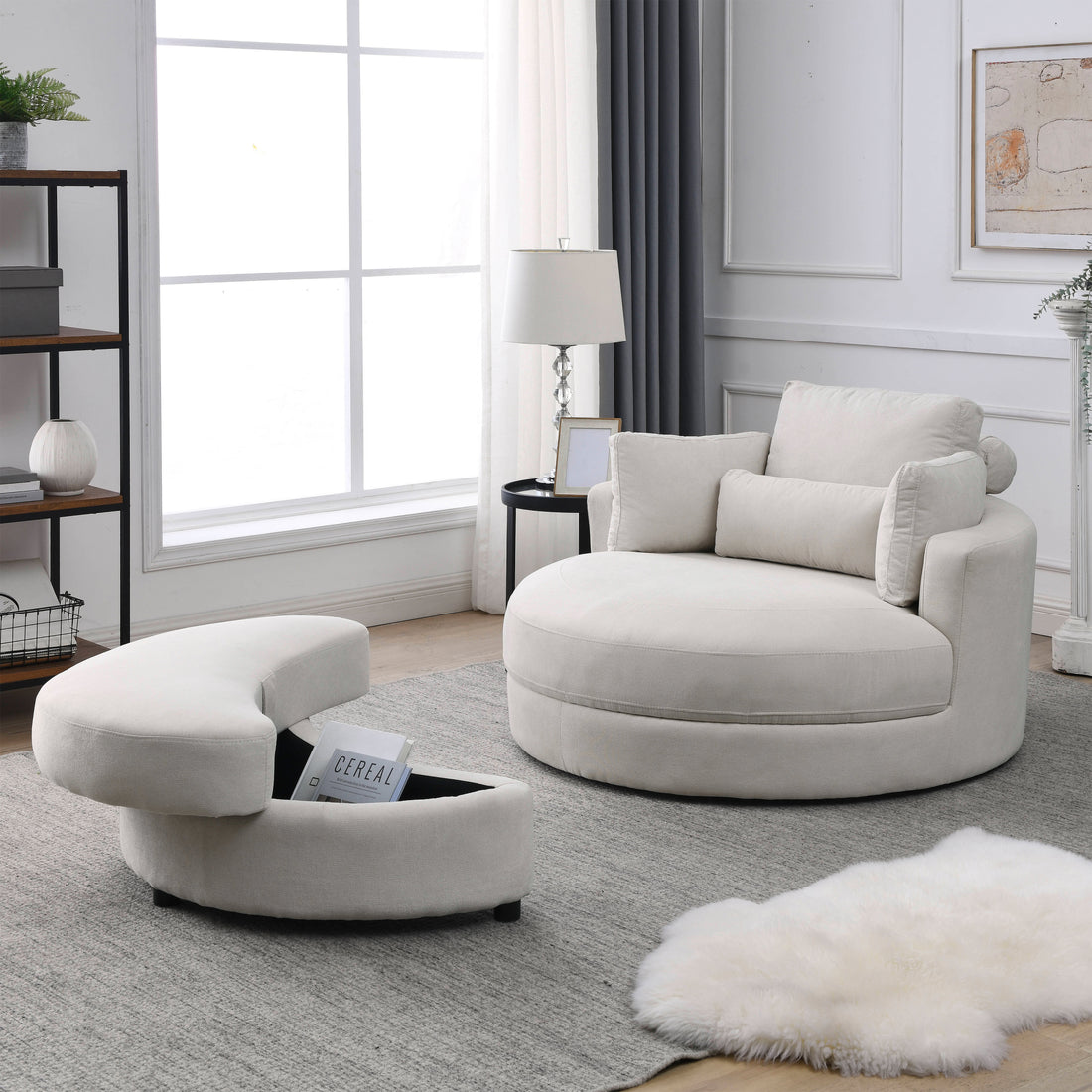 Video Welike Swivel Accent Barrel Modern Sofa Lounge Club Big Round Chair With Storage Ottoman Linen Fabric For Living Room Hotel With Pillows Beige Foam Fabric