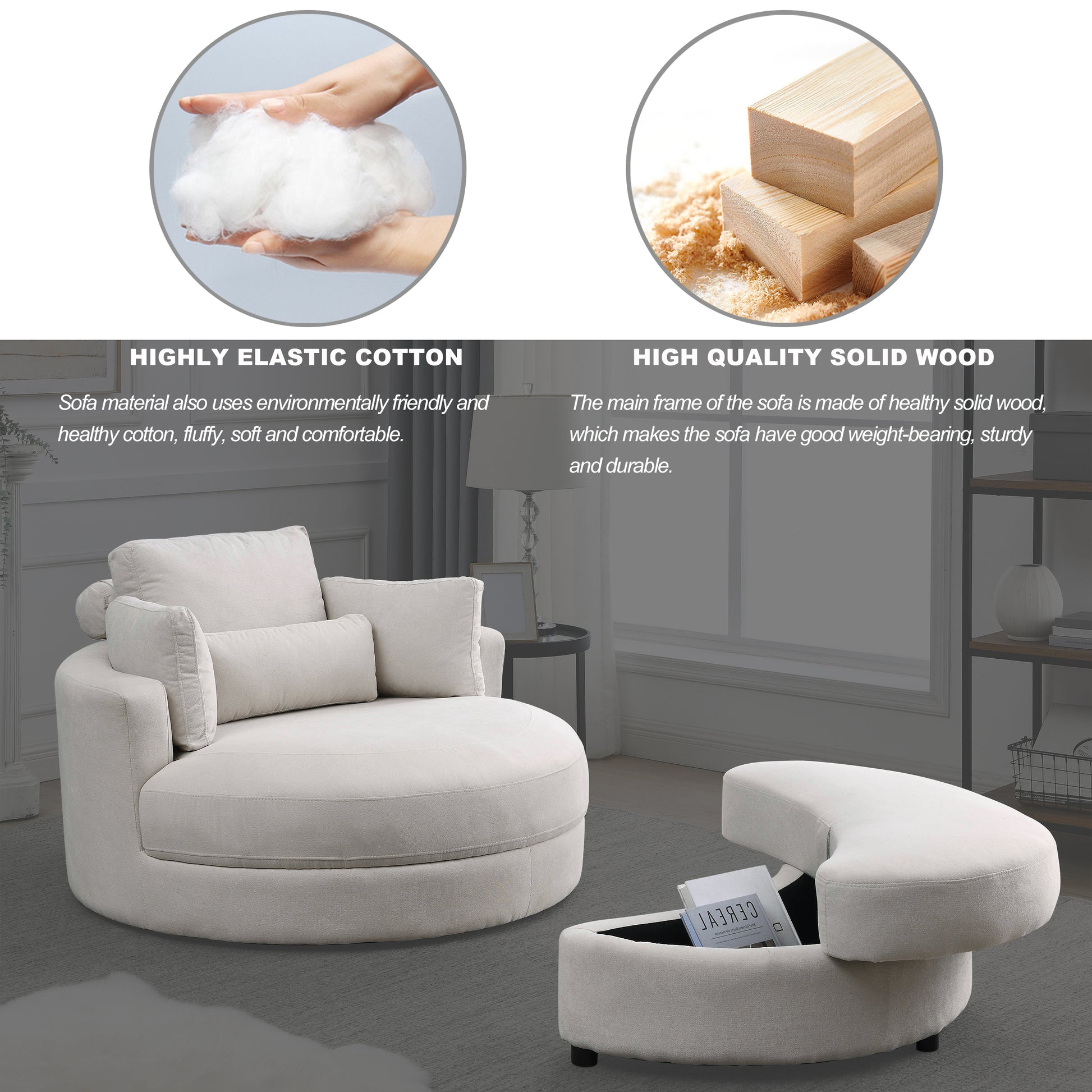 Video Welike Swivel Accent Barrel Modern Sofa Lounge Club Big Round Chair With Storage Ottoman Linen Fabric For Living Room Hotel With Pillows Beige Foam Fabric
