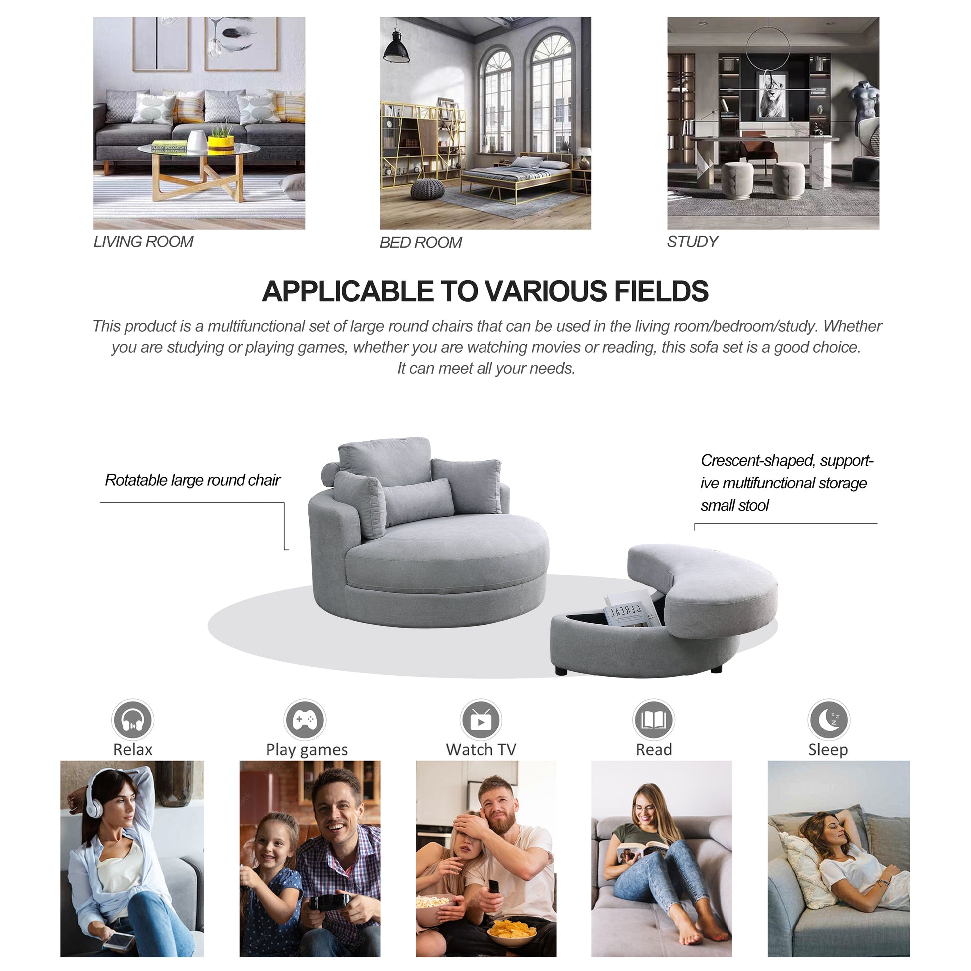Video Welike Swivel Accent Barrel Modern Grey Sofa Lounge Club Big Round Chair With Storage Ottoman Linen Fabric For Living Room Hotel With Pillows Light Grey Foam Fabric