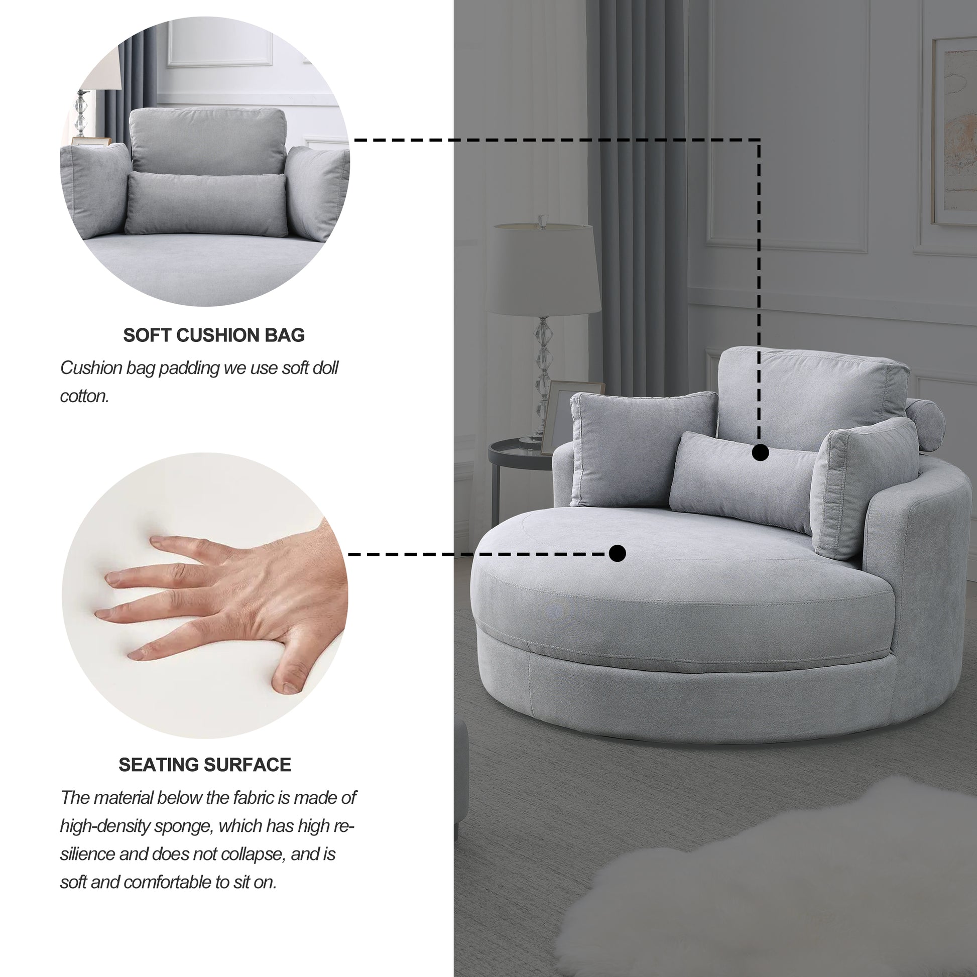 Video Welike Swivel Accent Barrel Modern Grey Sofa Lounge Club Big Round Chair With Storage Ottoman Linen Fabric For Living Room Hotel With Pillows Light Grey Foam Fabric