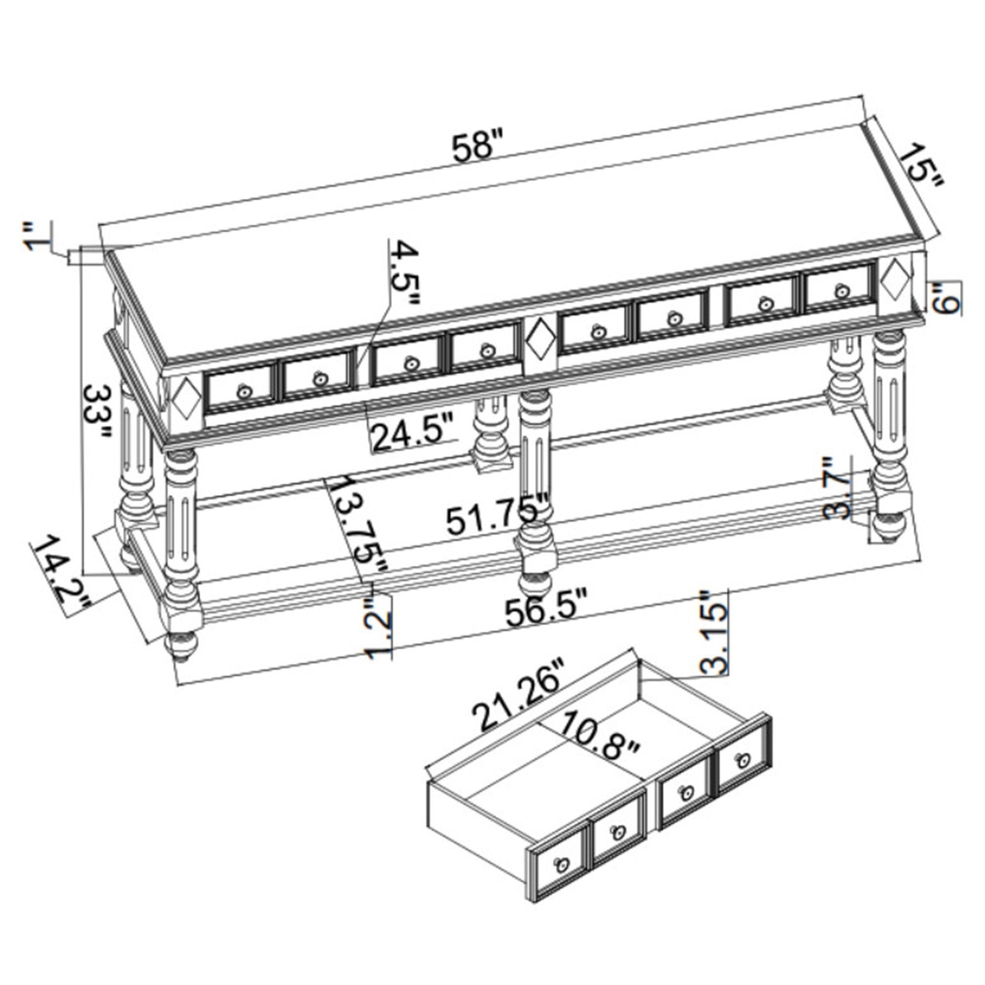 Retro Console Table Entryway Table 58" Long Sofa Table With 2 Drawers In Same Size And Bottom Shelf For Storage Rustic Rustic Brown Solid Wood