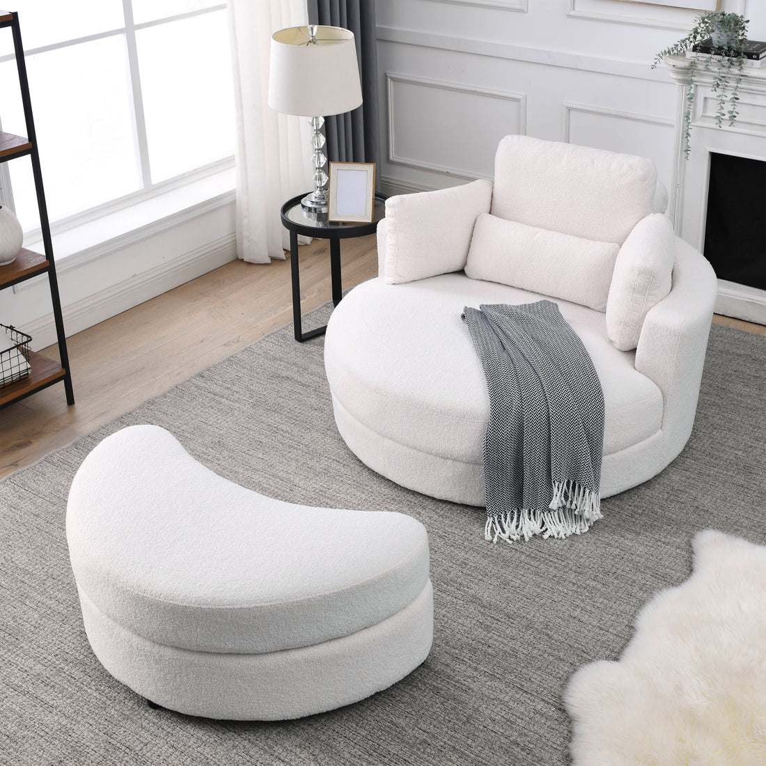 Video Welike Swivel Accent Barrel Modern Sofa Lounge Club Big Round Chair With Storage Ottoman Linen Fabric For Living Room Hotel With Pillows,Teddy White Ivory Ivory Foam Fabric 1 Seat