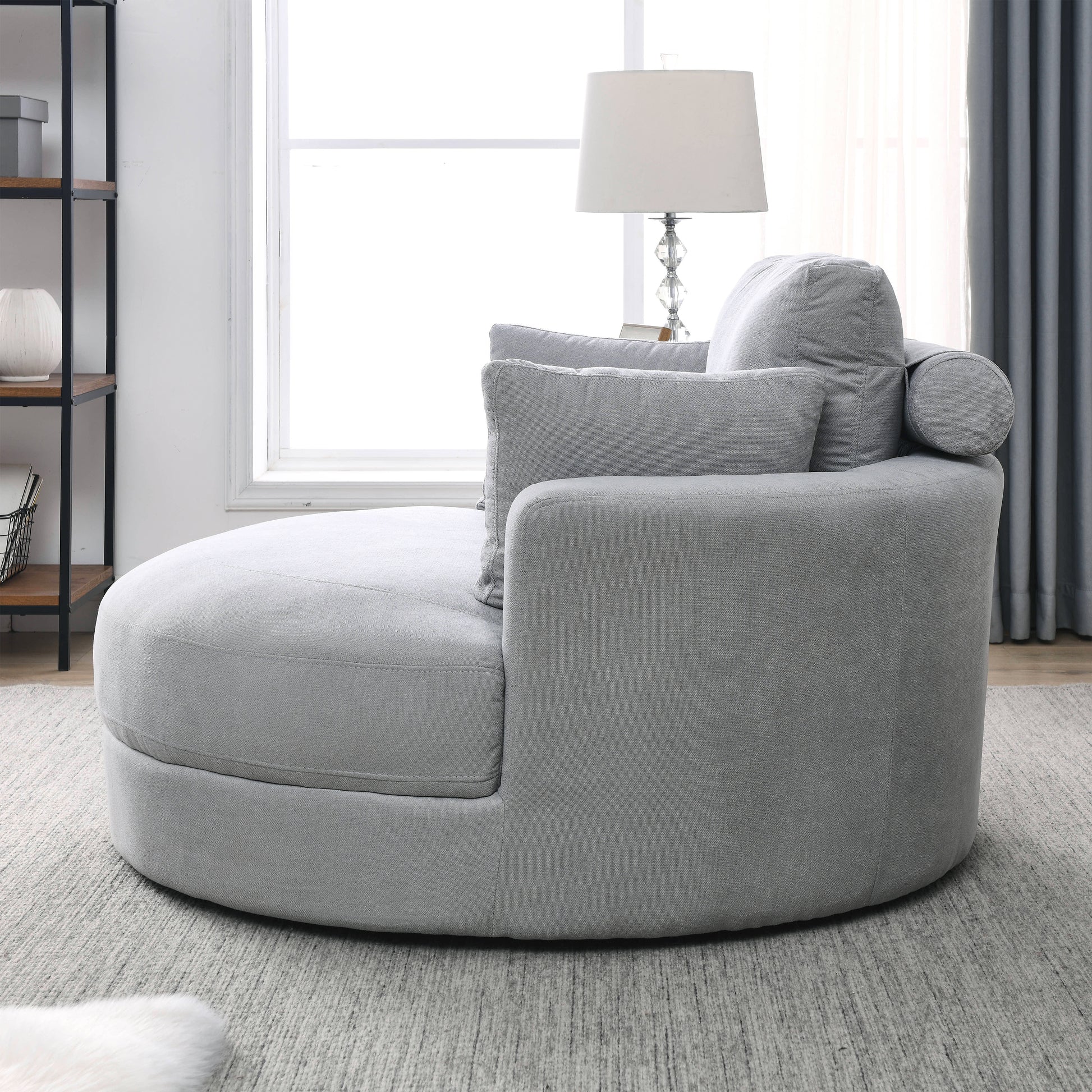 Video Welike Swivel Accent Barrel Modern Grey Sofa Lounge Club Big Round Chair With Storage Ottoman Linen Fabric For Living Room Hotel With Pillows .2Pcs Light Grey Foam Fabric
