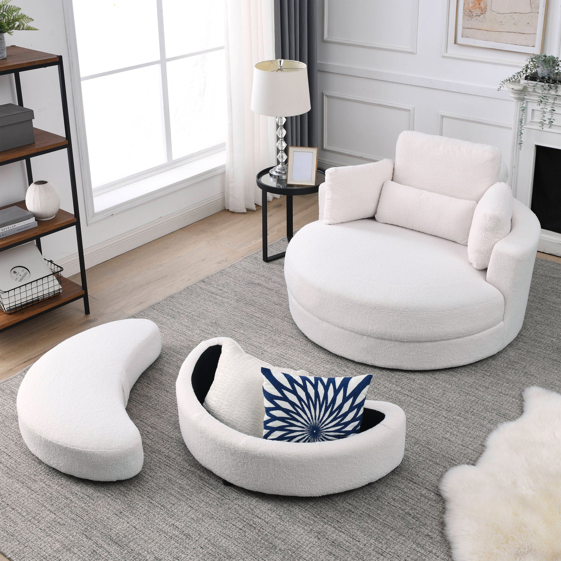 Video Welike Swivel Accent Barrel Modern Sofa Lounge Club Big Round Chair With Storage Ottoman Linen Fabric For Living Room Hotel With Pillows,Teddy White Ivory Ivory Foam Fabric 1 Seat