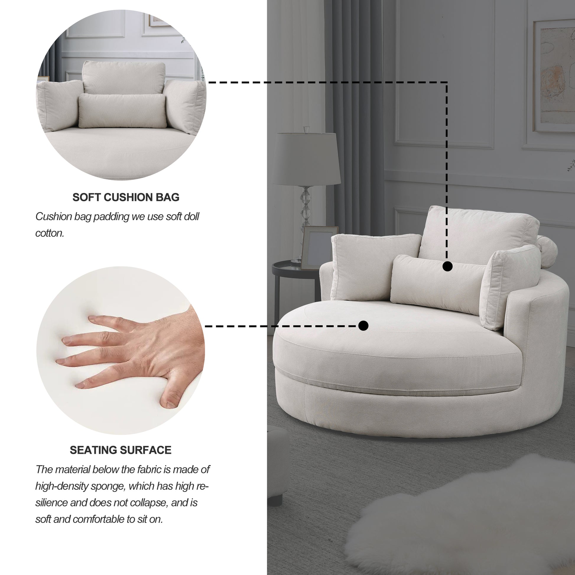 Video Welike Swivel Accent Barrel Modern Sofa Lounge Club Big Round Chair With Storage Ottoman Linen Fabric For Living Room Hotel With Pillows Beige Foam Fabric