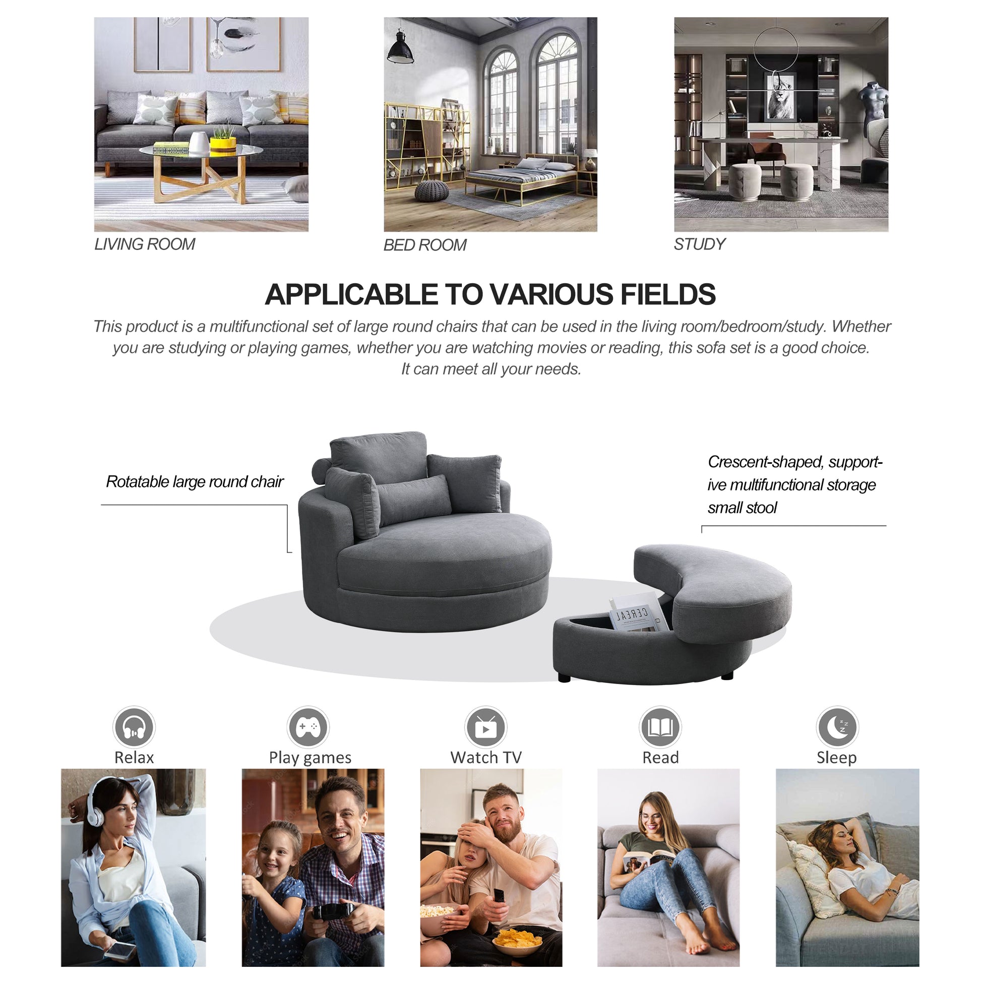 Video Welike Swivel Accent Barrel Modern Dark Grey Sofa Lounge Club Big Round Chair With Storage Ottoman Linen Fabric For Living Room Hotel With Pillows Dark Grey Foam Fabric