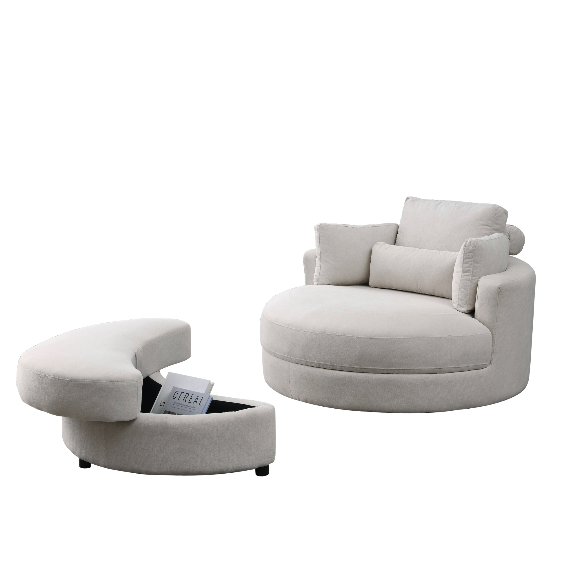 Video Welike Swivel Accent Barrel Modern Sofa Lounge Club Big Round Chair With Storage Ottoman Linen Fabric For Living Room Hotel With Pillows Beige Foam Fabric