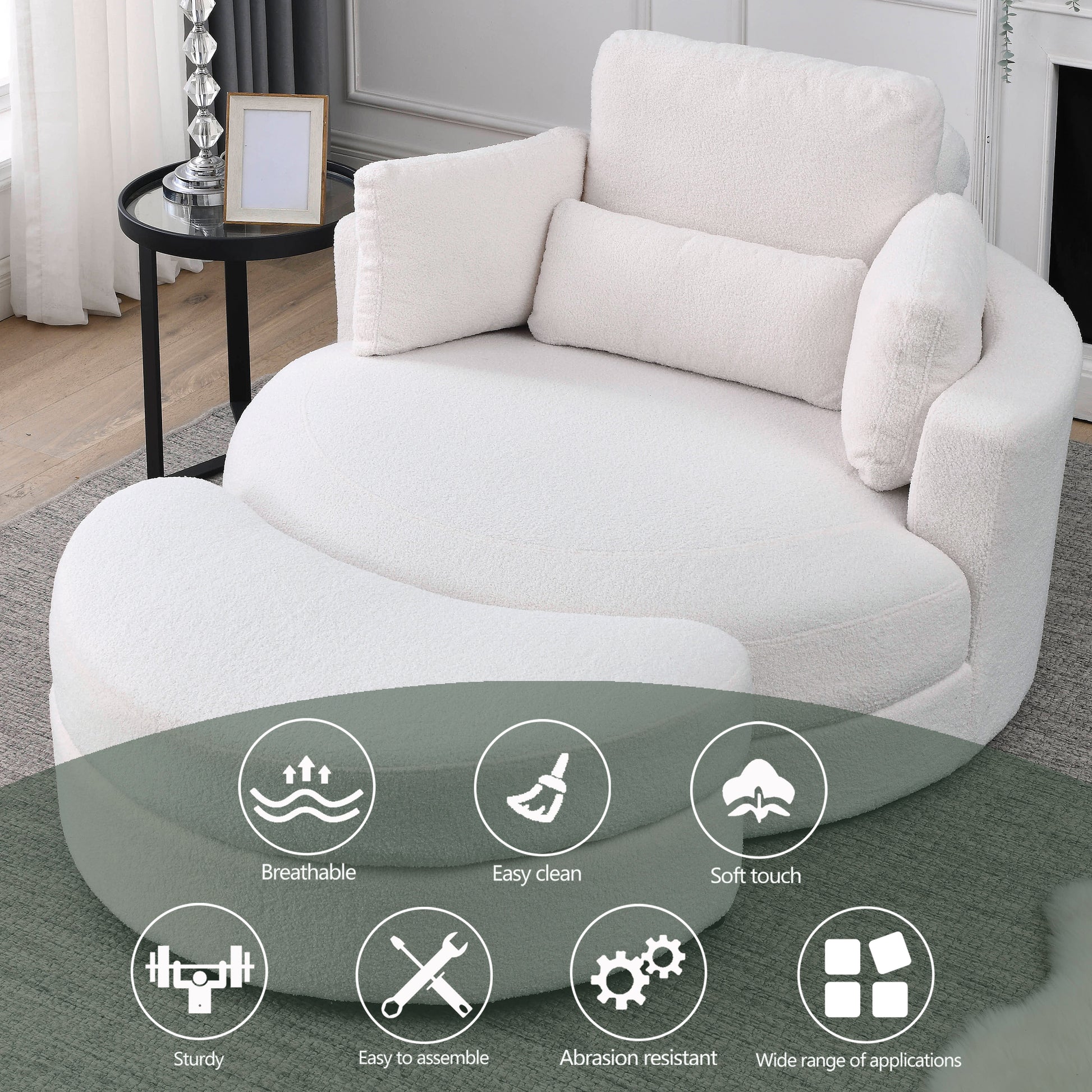 Video Welike Swivel Accent Barrel Modern Sofa Lounge Club Big Round Chair With Storage Ottoman Linen Fabric For Living Room Hotel With Pillows,Teddy White Ivory Ivory Foam Fabric 1 Seat