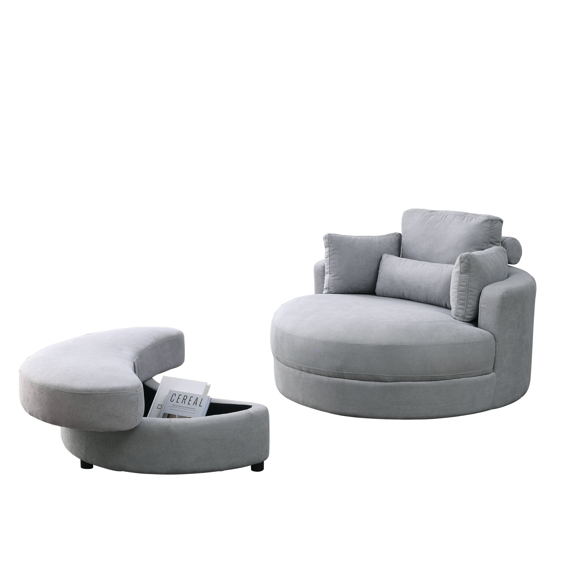 Video Welike Swivel Accent Barrel Modern Grey Sofa Lounge Club Big Round Chair With Storage Ottoman Linen Fabric For Living Room Hotel With Pillows Light Grey Foam Fabric