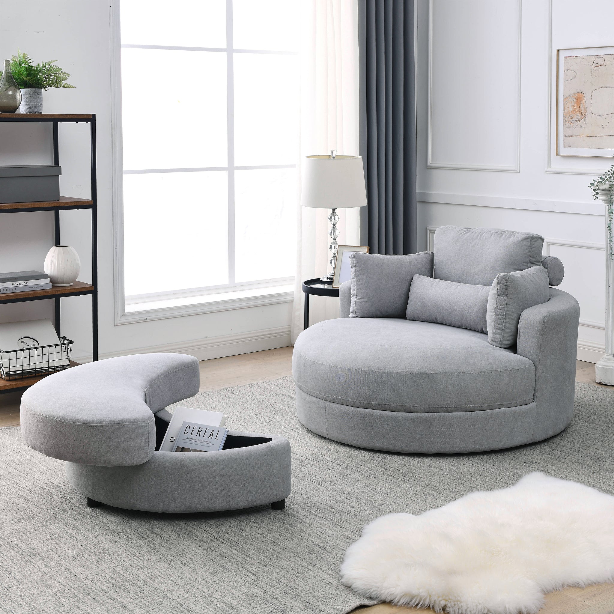Video Welike Swivel Accent Barrel Modern Grey Sofa Lounge Club Big Round Chair With Storage Ottoman Linen Fabric For Living Room Hotel With Pillows Light Grey Foam Fabric