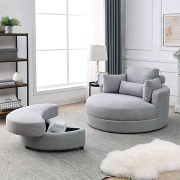 Video Welike Swivel Accent Barrel Modern Grey Sofa Lounge Club Big Round Chair With Storage Ottoman Linen Fabric For Living Room Hotel With Pillows Light Grey Foam Fabric