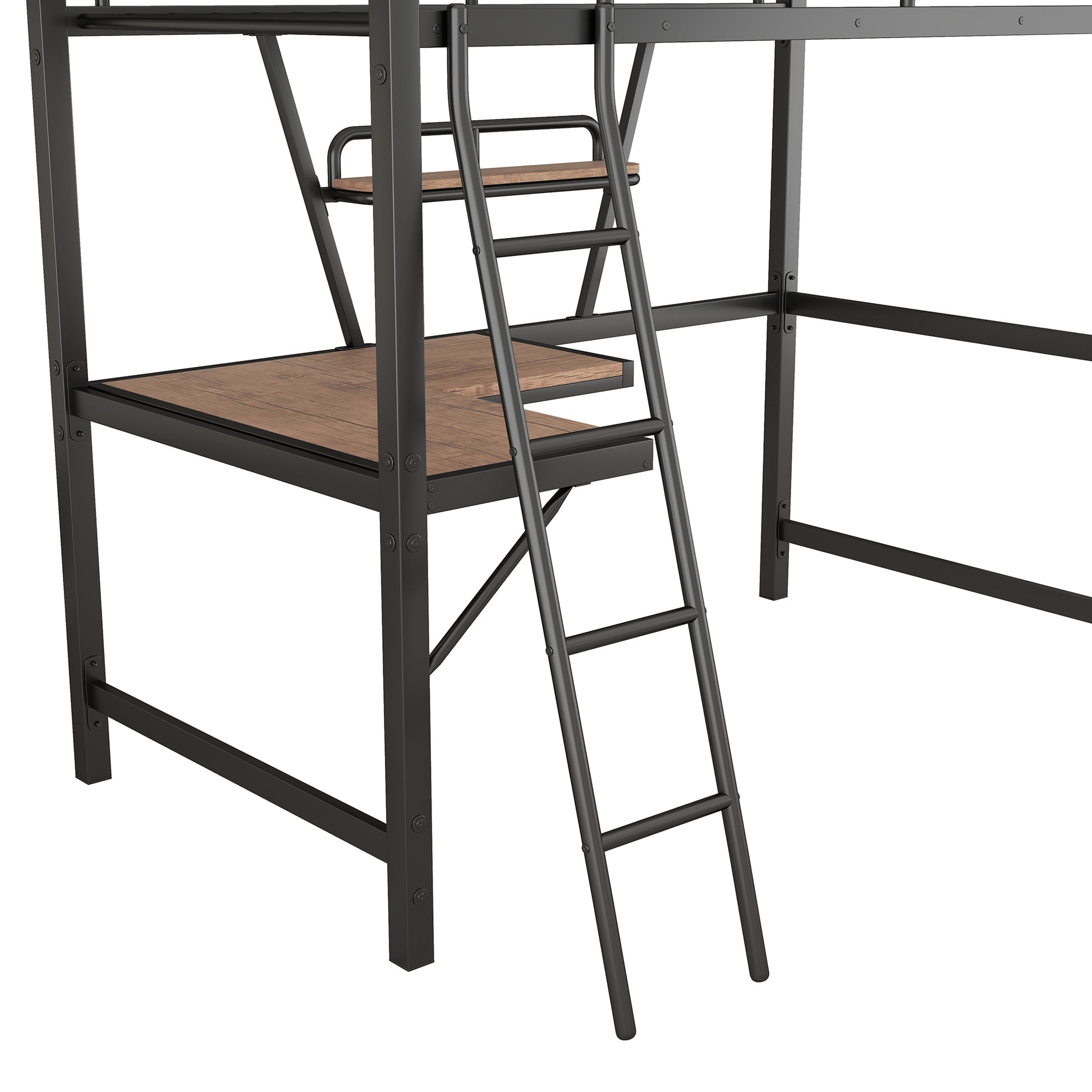 Twin Size Loft Metal&Mdf Bed With Desk And Shelf, Black Old Sku:Sm001105Aab 1 Twin Black Metal