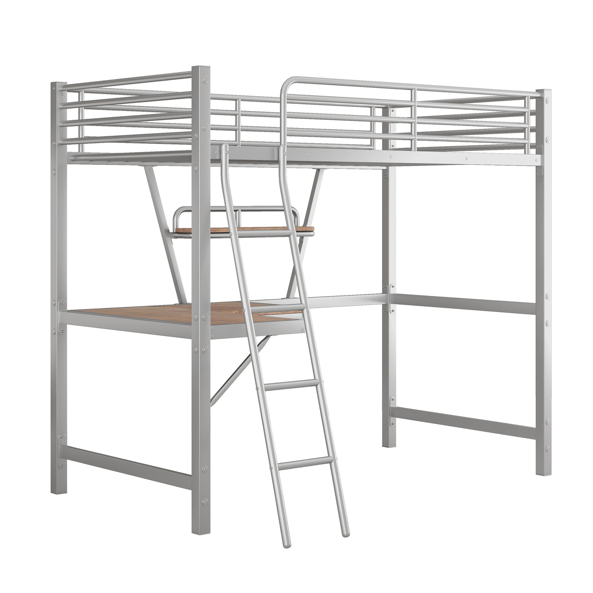 Twin Size Loft Metal&Mdf Bed With Desk And Shelf, Silver Old Sku:Sm001105Aan 1 Twin Silver Metal