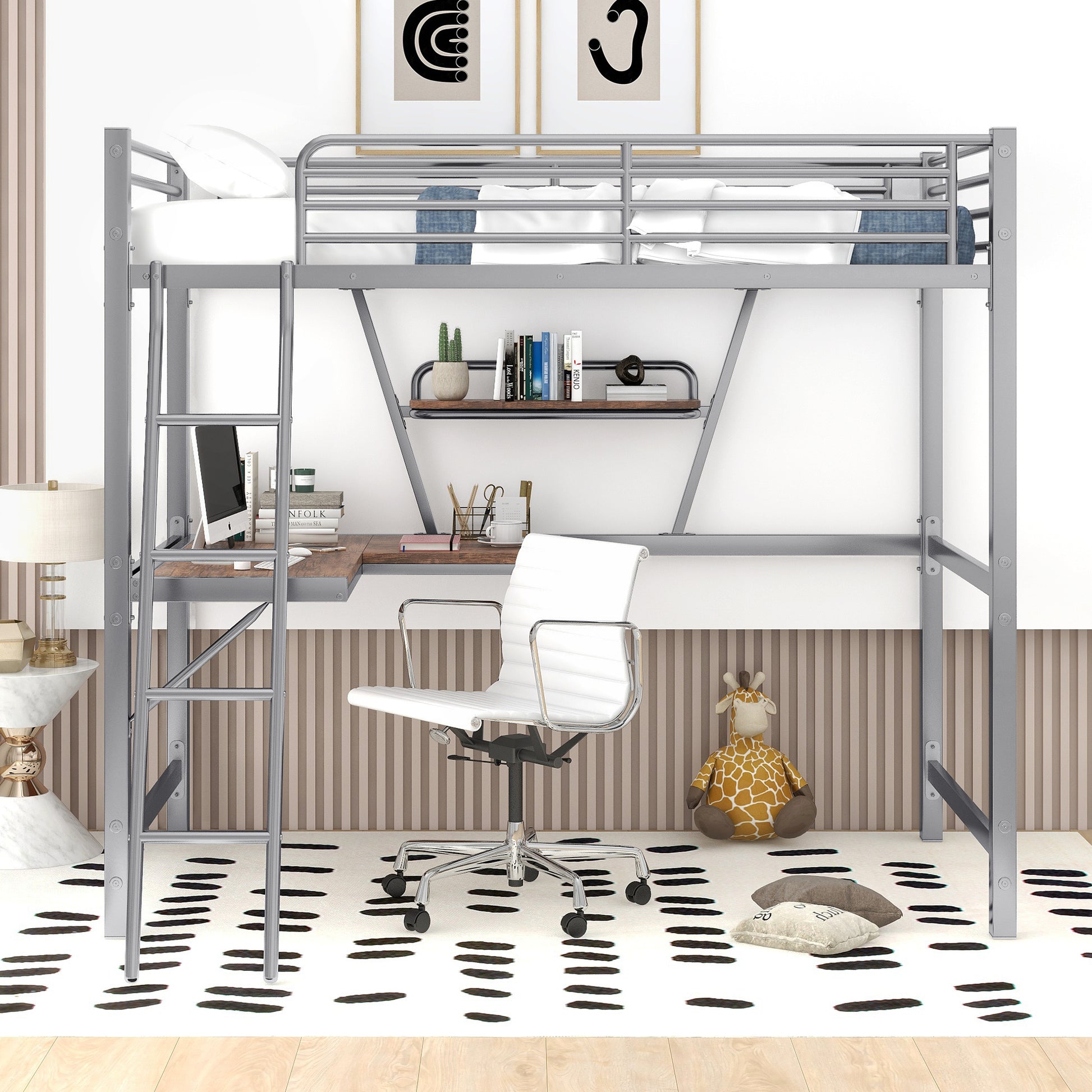 Twin Size Loft Metal&Mdf Bed With Desk And Shelf, Silver Old Sku:Sm001105Aan 1 Twin Silver Metal