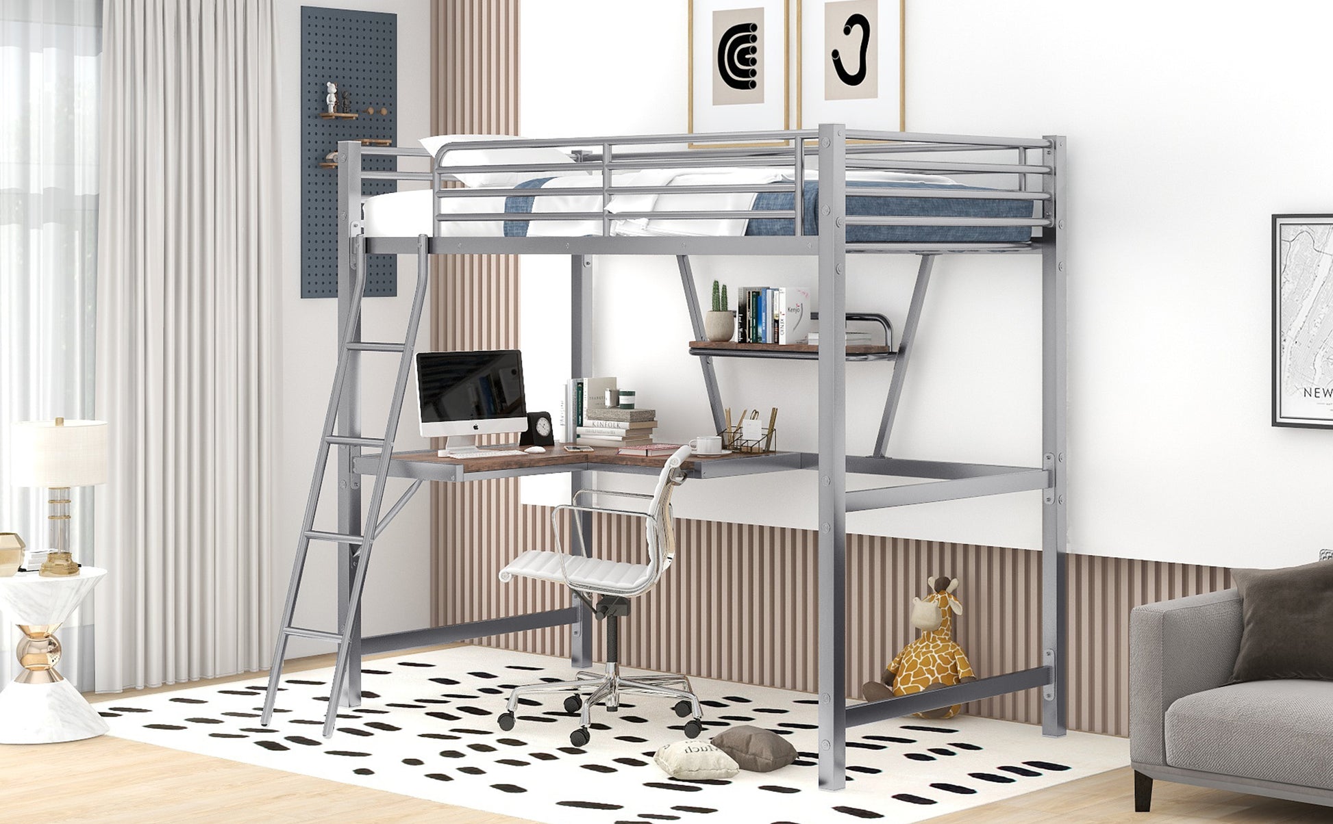 Twin Size Loft Metal&Mdf Bed With Desk And Shelf, Silver Old Sku:Sm001105Aan 1 Twin Silver Metal