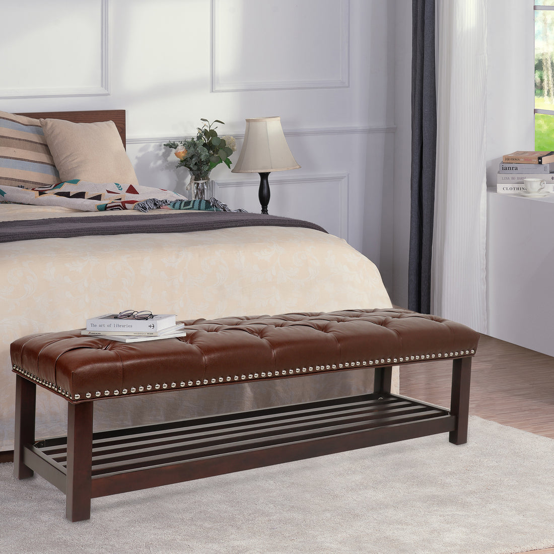 Bedroom End Of Bed Bench Tufted Upholstered End Of Bed Bench End Of Bed Entrance Shoe Bench, 60" With Trim And Shelf Bedroom Upholstered Leather Bench Living Room Shoe Rack Footstool Brown Dark Brown Pu