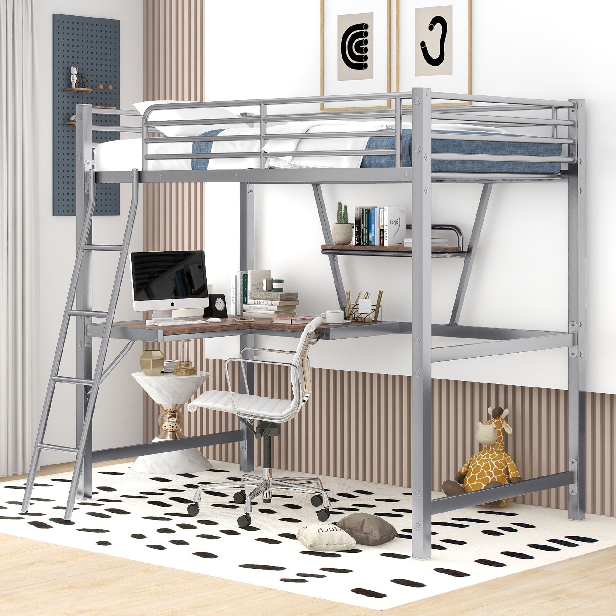 Twin Size Loft Metal&Mdf Bed With Desk And Shelf, Silver Old Sku:Sm001105Aan 1 Twin Silver Metal
