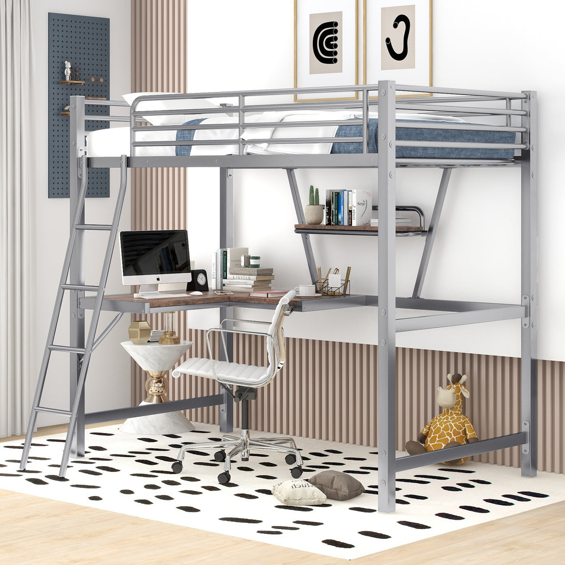 Twin Size Loft Metal&Mdf Bed With Desk And Shelf, Silver Old Sku:Sm001105Aan 1 Twin Silver Metal