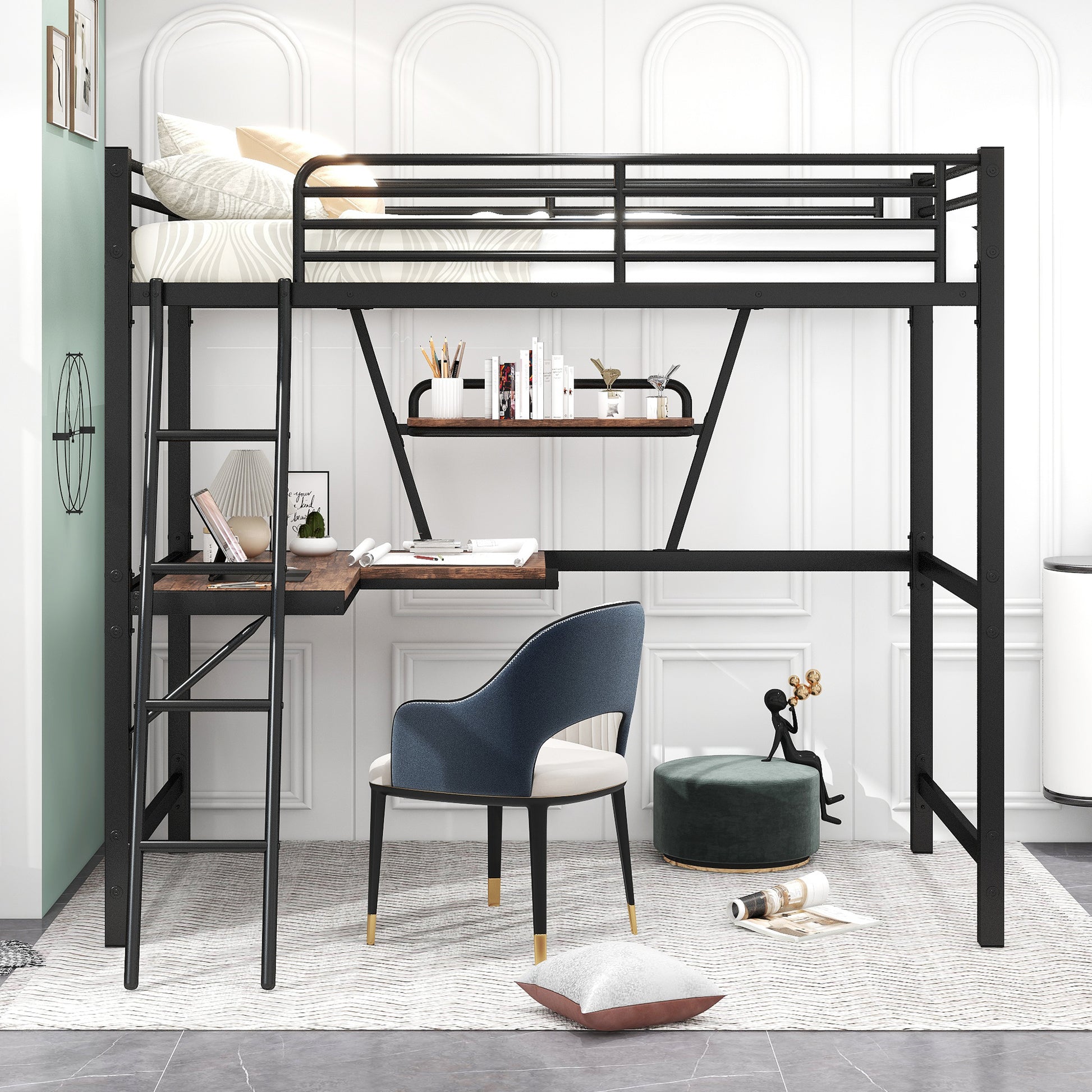 Twin Size Loft Metal&Mdf Bed With Desk And Shelf, Black Old Sku:Sm001105Aab 1 Twin Black Metal