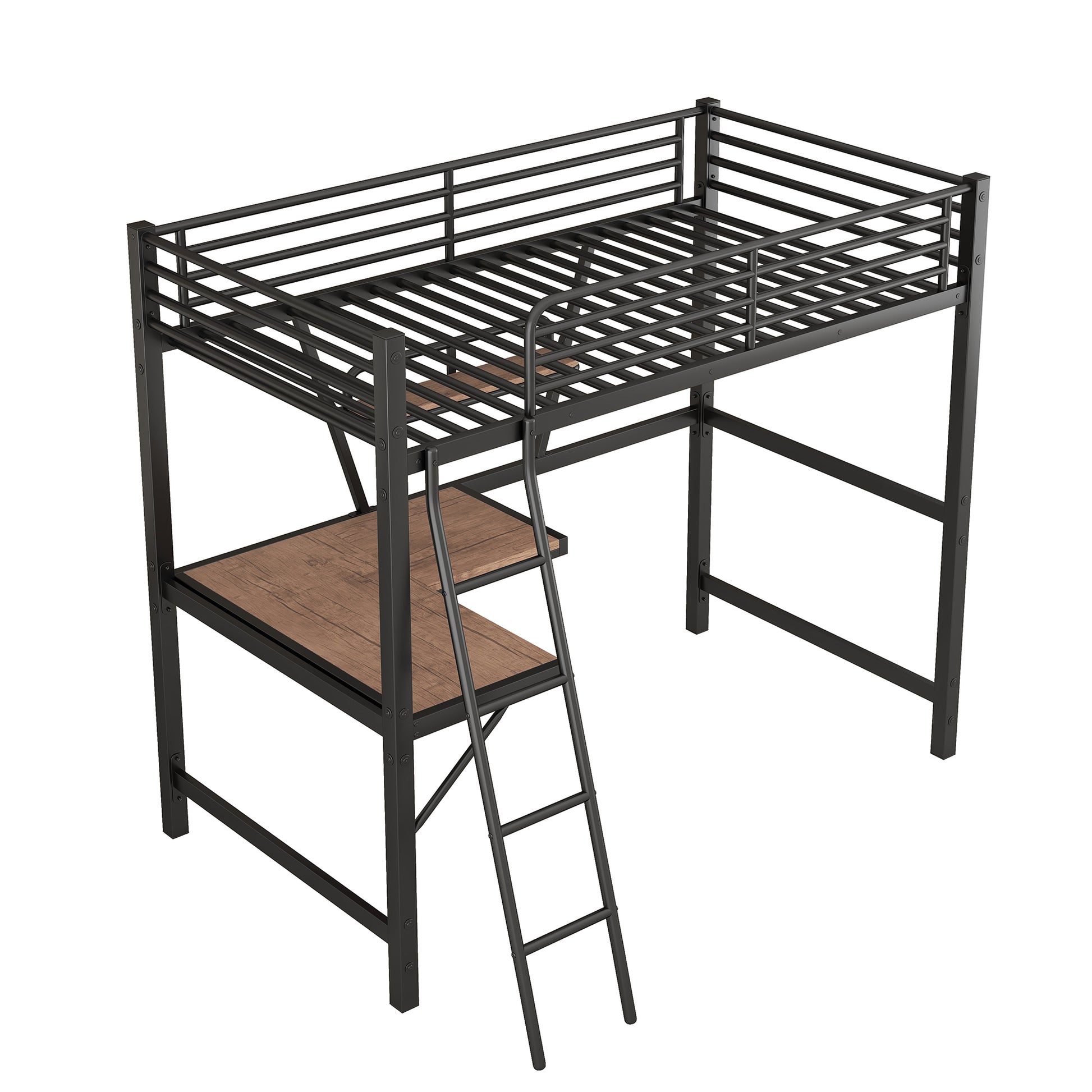 Twin Size Loft Metal&Mdf Bed With Desk And Shelf, Black Old Sku:Sm001105Aab 1 Twin Black Metal