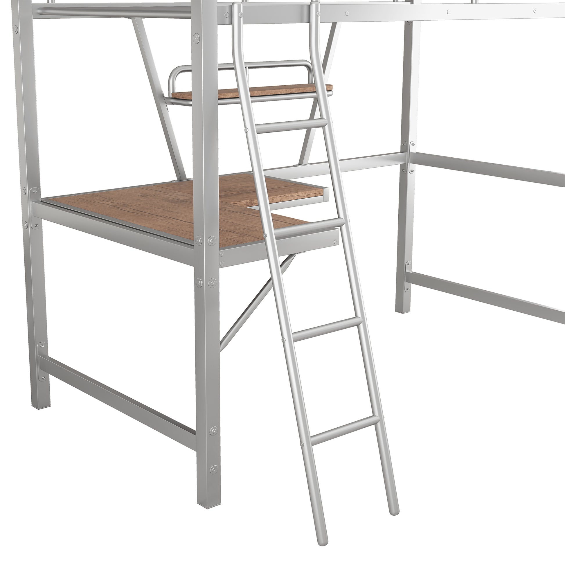 Twin Size Loft Metal&Mdf Bed With Desk And Shelf, Silver Old Sku:Sm001105Aan 1 Twin Silver Metal