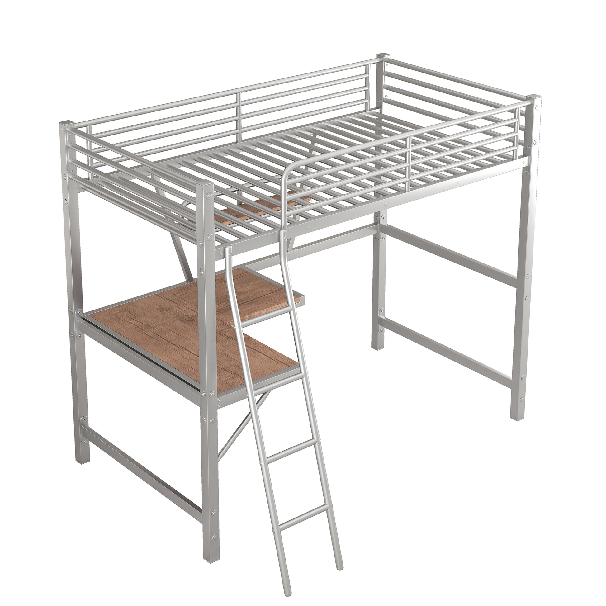 Twin Size Loft Metal&Mdf Bed With Desk And Shelf, Silver Old Sku:Sm001105Aan 1 Twin Silver Metal