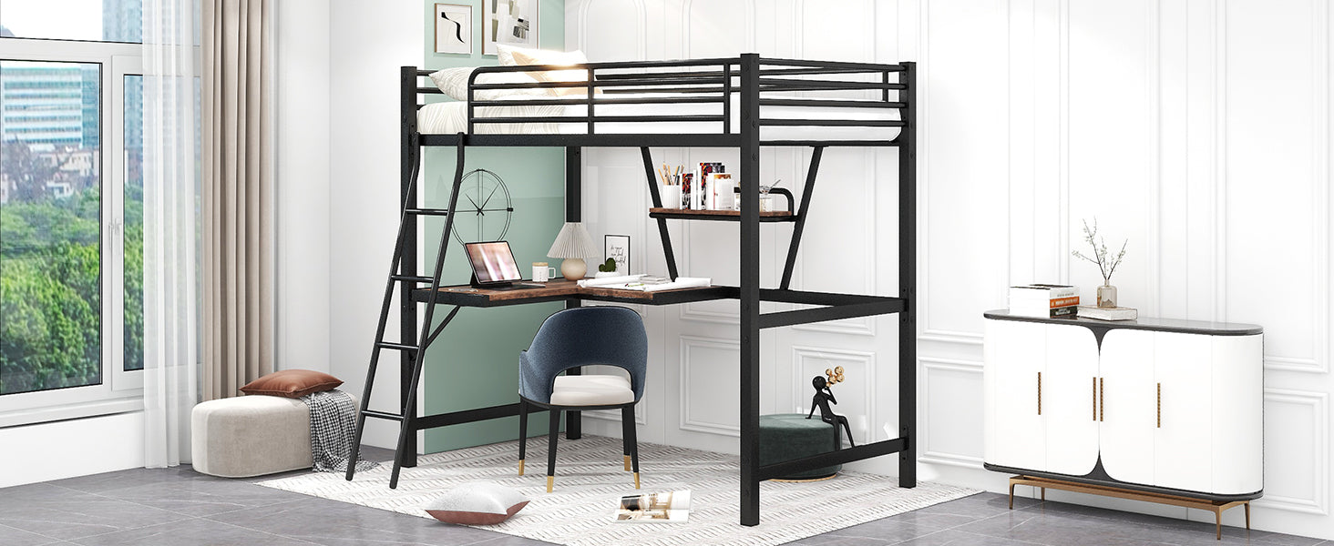 Twin Size Loft Metal&Mdf Bed With Desk And Shelf, Black Old Sku:Sm001105Aab 1 Twin Black Metal