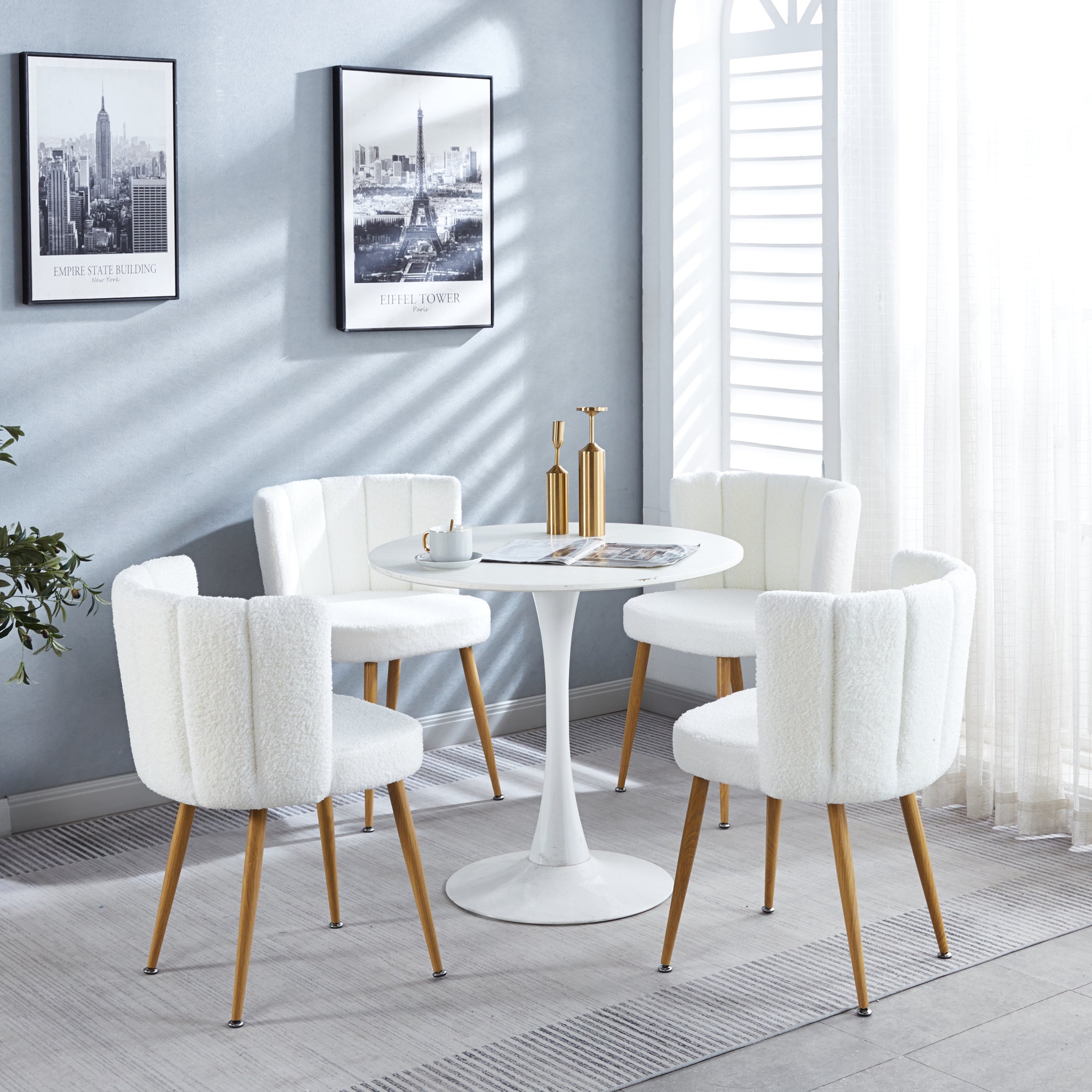1 4,5Pieces Table And Chair,White Dining Sets,Kitchen Sets,Coffee Sets,Mdf Table And Fabric Chair White Metal
