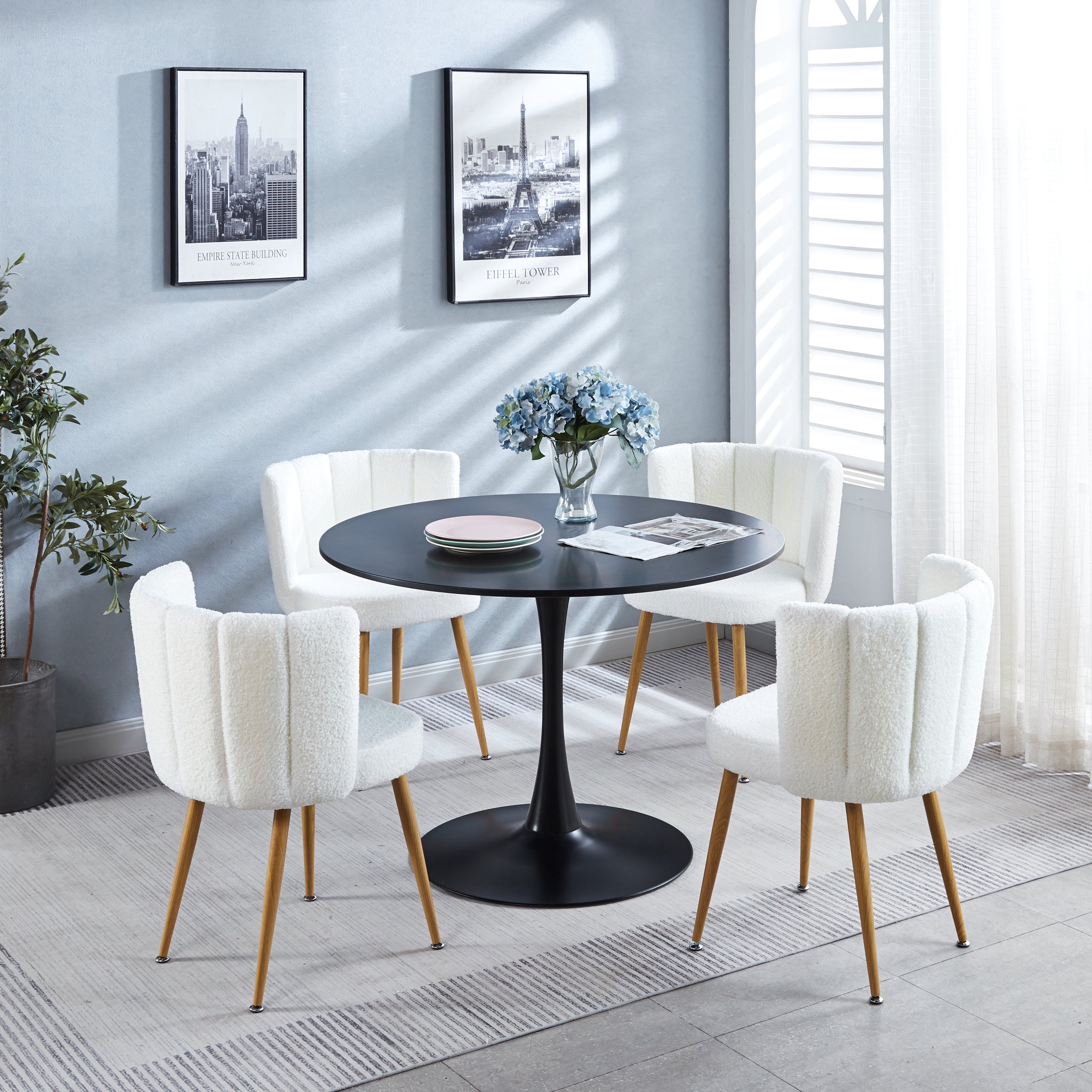 1 4,5Pieces Table And Chair,Black And White Dining Sets,Kitchen Sets,Coffee Sets,Mdf Table And Fabric Chair White Metal