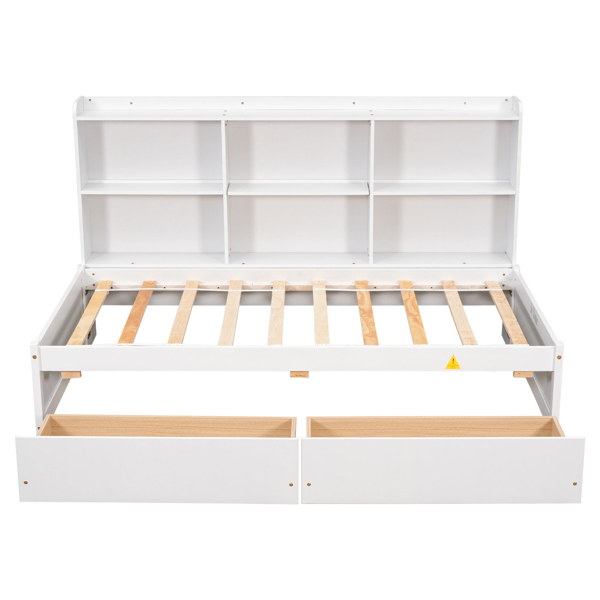 Twin Bed With Side Bookcase, Drawers,White White Pine