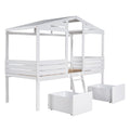 Twin Size Low Loft Wood House Bed With Two Drawers, White White Solid Wood