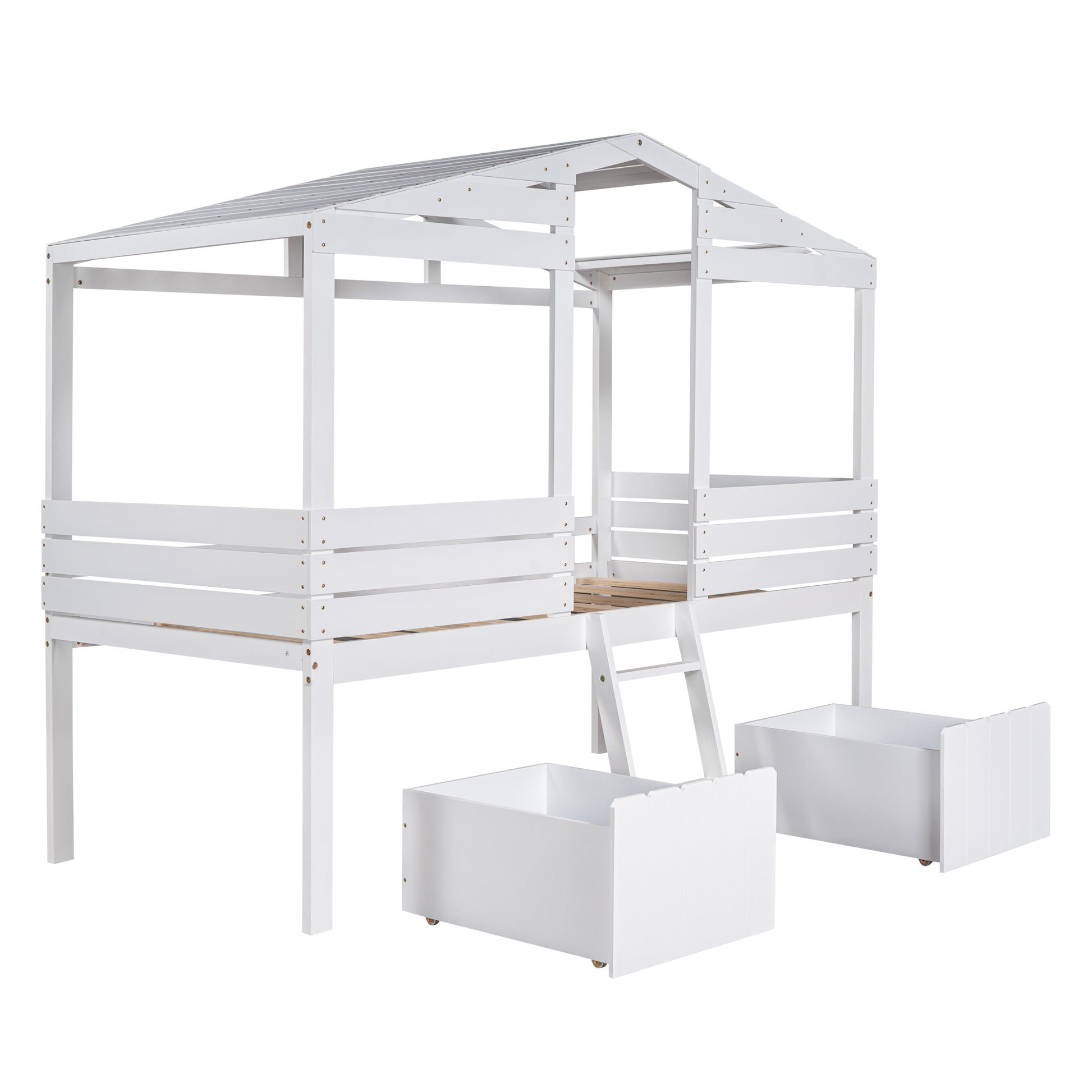 Twin Size Low Loft Wood House Bed With Two Drawers, White White Solid Wood