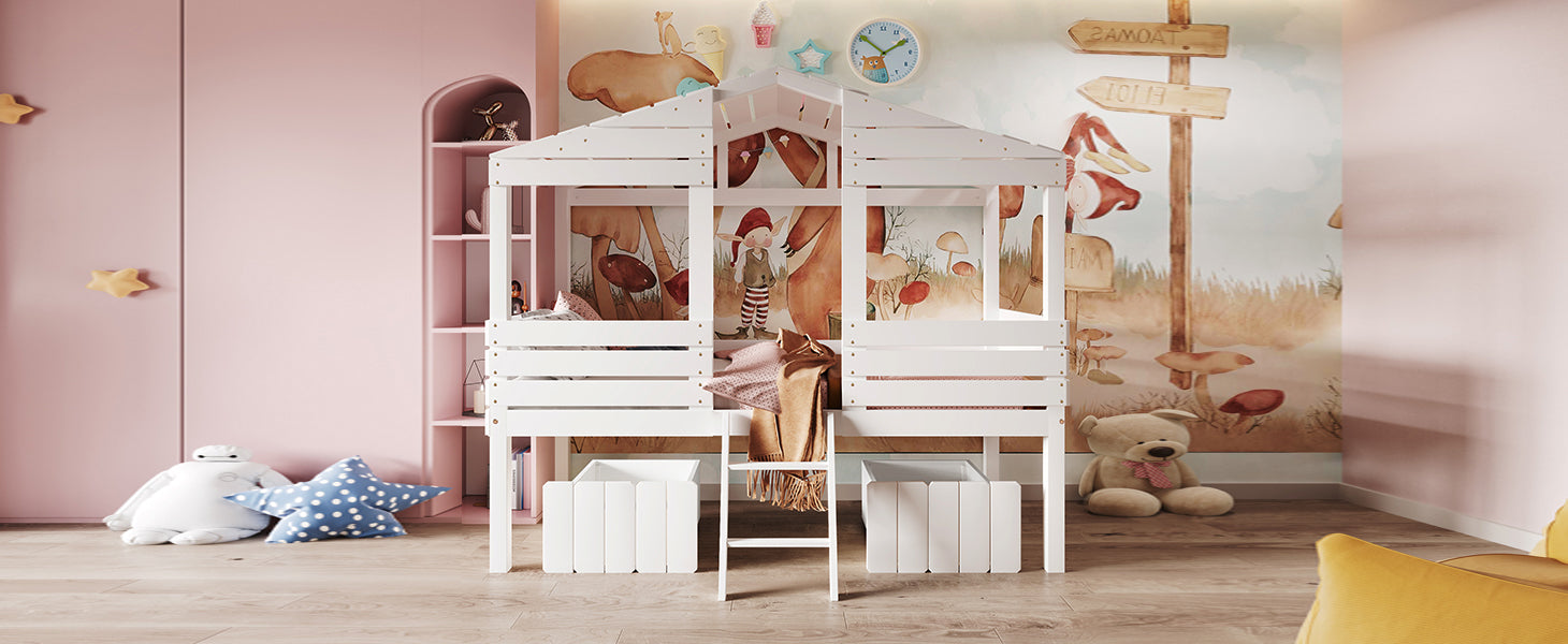 Twin Size Low Loft Wood House Bed With Two Drawers, White White Solid Wood