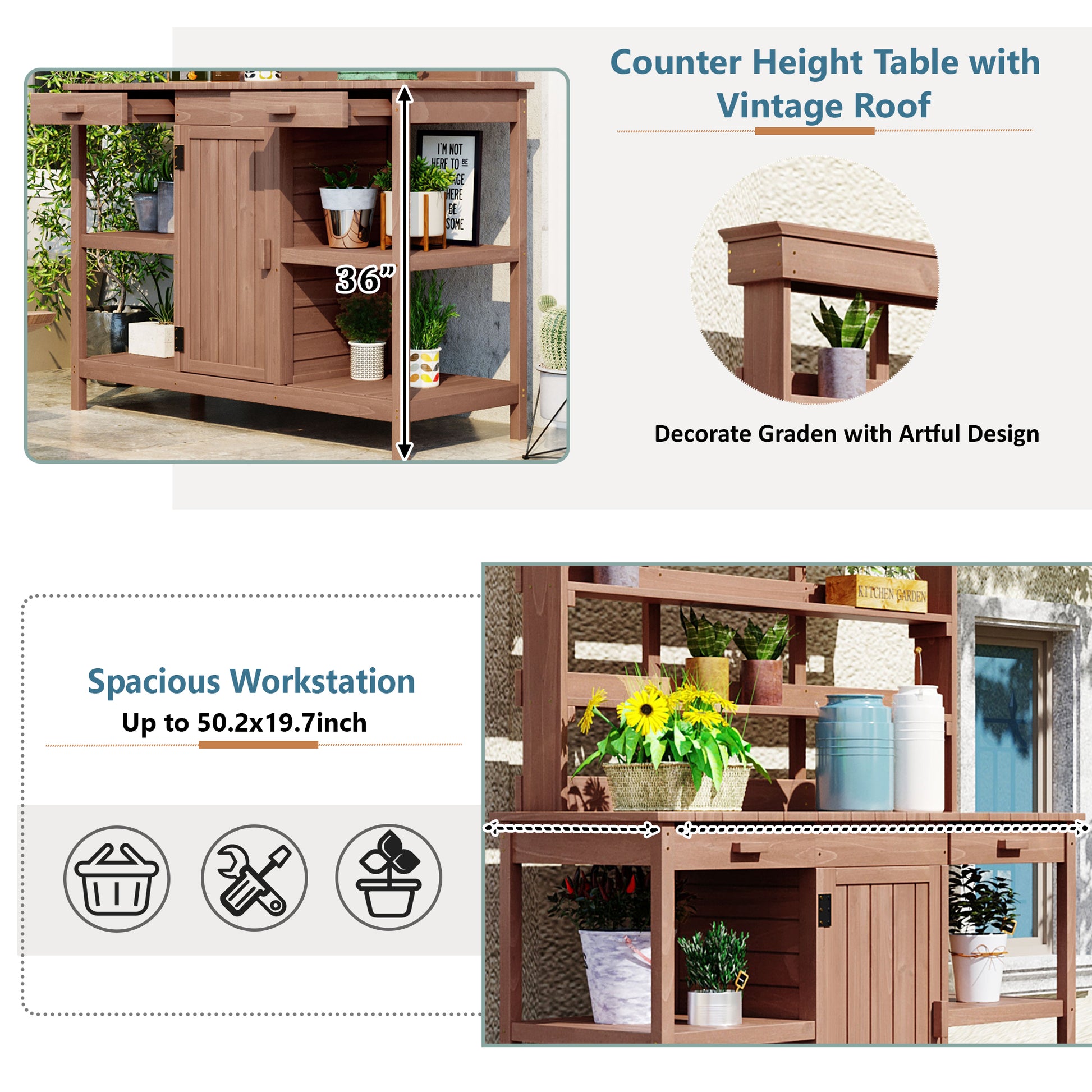 66" Large Outdoor Farmhouse Wooden Potting Bench Table, Garden Workstation With 2 Drawers, Cabinet And Open Shelves For Backyard, Mudroom, Brown Brown Garden & Outdoor Casual Wood Solid Wood