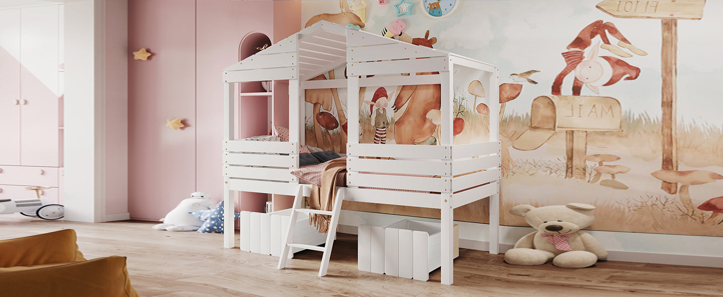 Twin Size Low Loft Wood House Bed With Two Drawers, White White Solid Wood