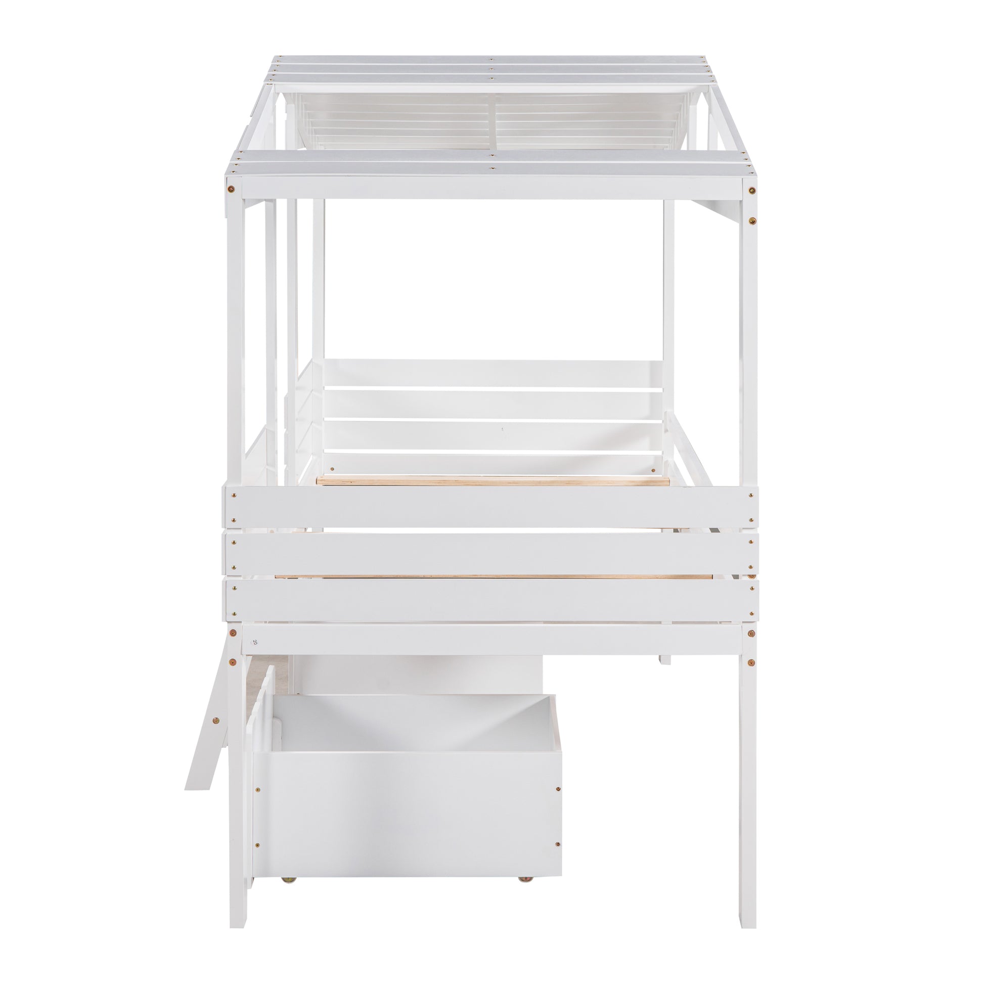 Twin Size Low Loft Wood House Bed With Two Drawers, White White Solid Wood
