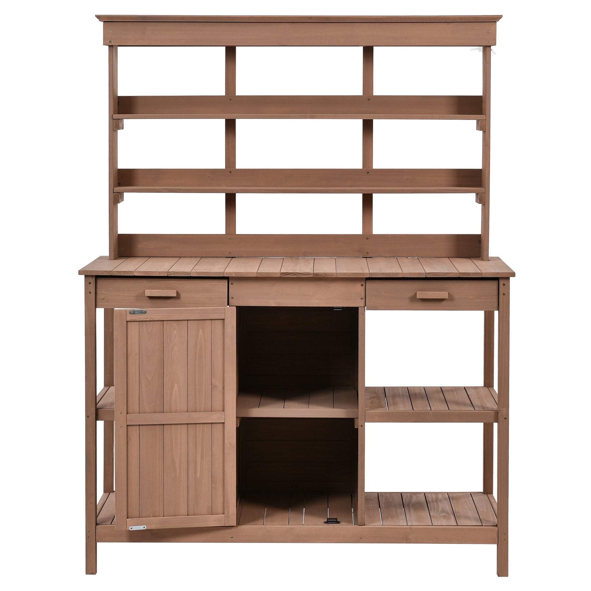 66" Large Outdoor Farmhouse Wooden Potting Bench Table, Garden Workstation With 2 Drawers, Cabinet And Open Shelves For Backyard, Mudroom, Brown Brown Garden & Outdoor Casual Wood Solid Wood
