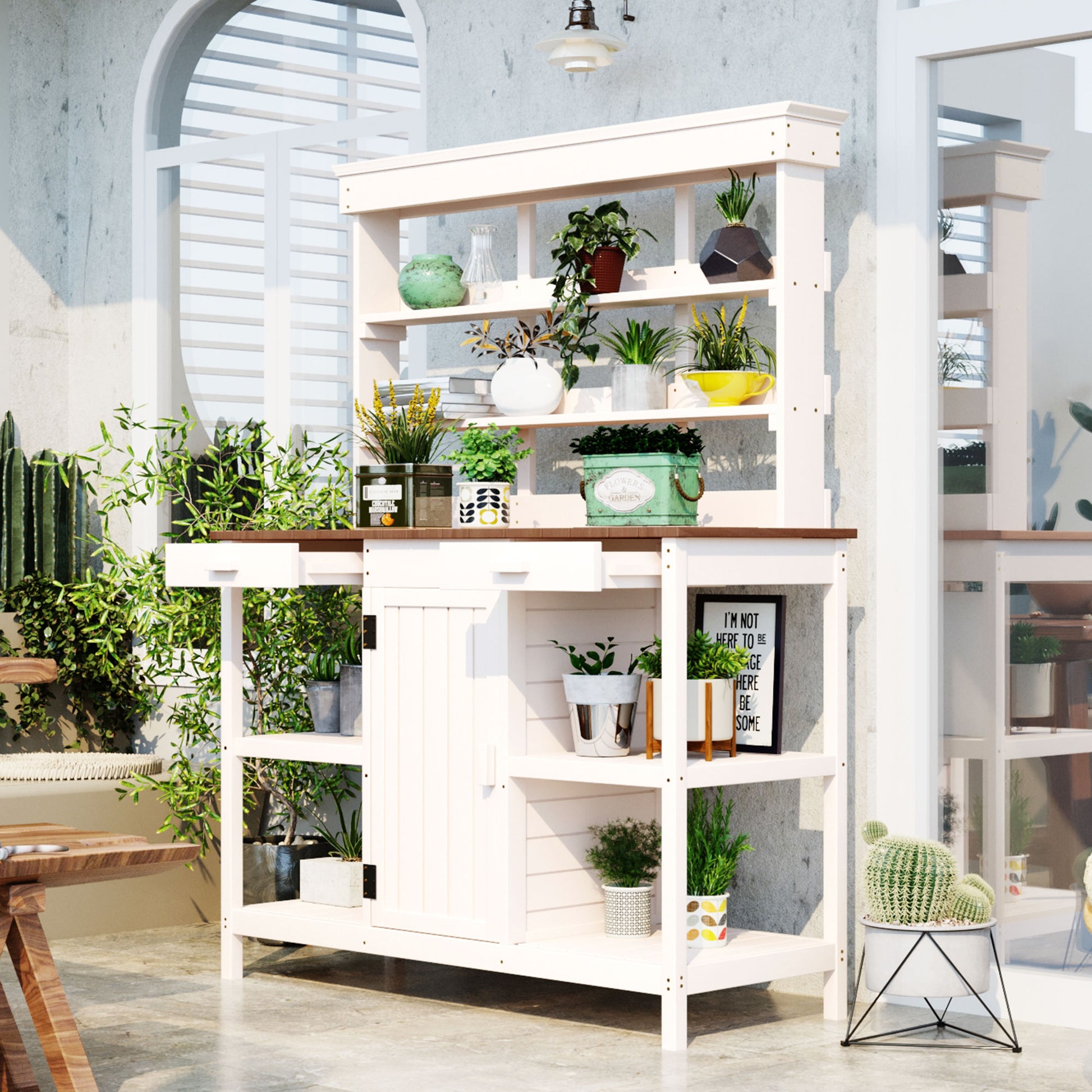 66" Large Outdoor Farmhouse Wooden Potting Bench Table, Garden Workstation With 2 Drawers, Cabinet And Open Shelves For Backyard, Mudroom, White White Garden & Outdoor Casual Wood Solid Wood