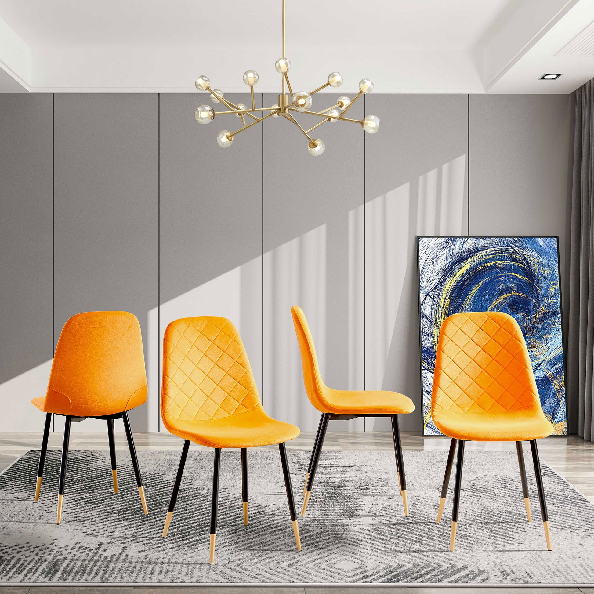 Orange Velvet Tufted Accent Chairs With Golden Color Metal Legs, Modern Dining Chairs For Living Room,Set Of 2 Metal Plaid Orange Dining Room Powder Coated Foam Dry Clean Modern Solid Back Foam Velvet