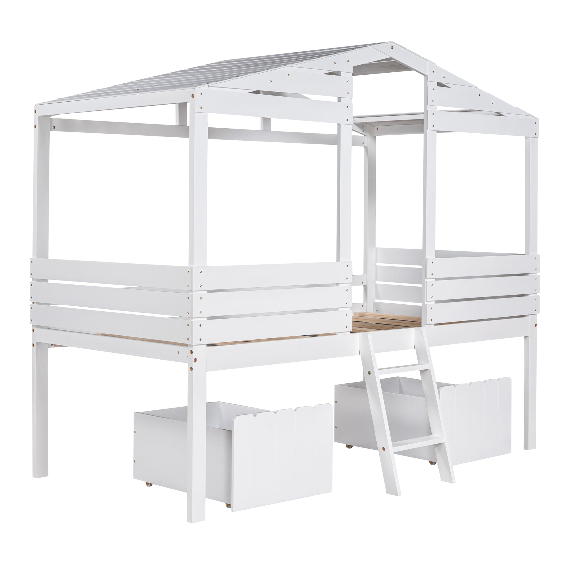 Twin Size Low Loft Wood House Bed With Two Drawers, White White Solid Wood