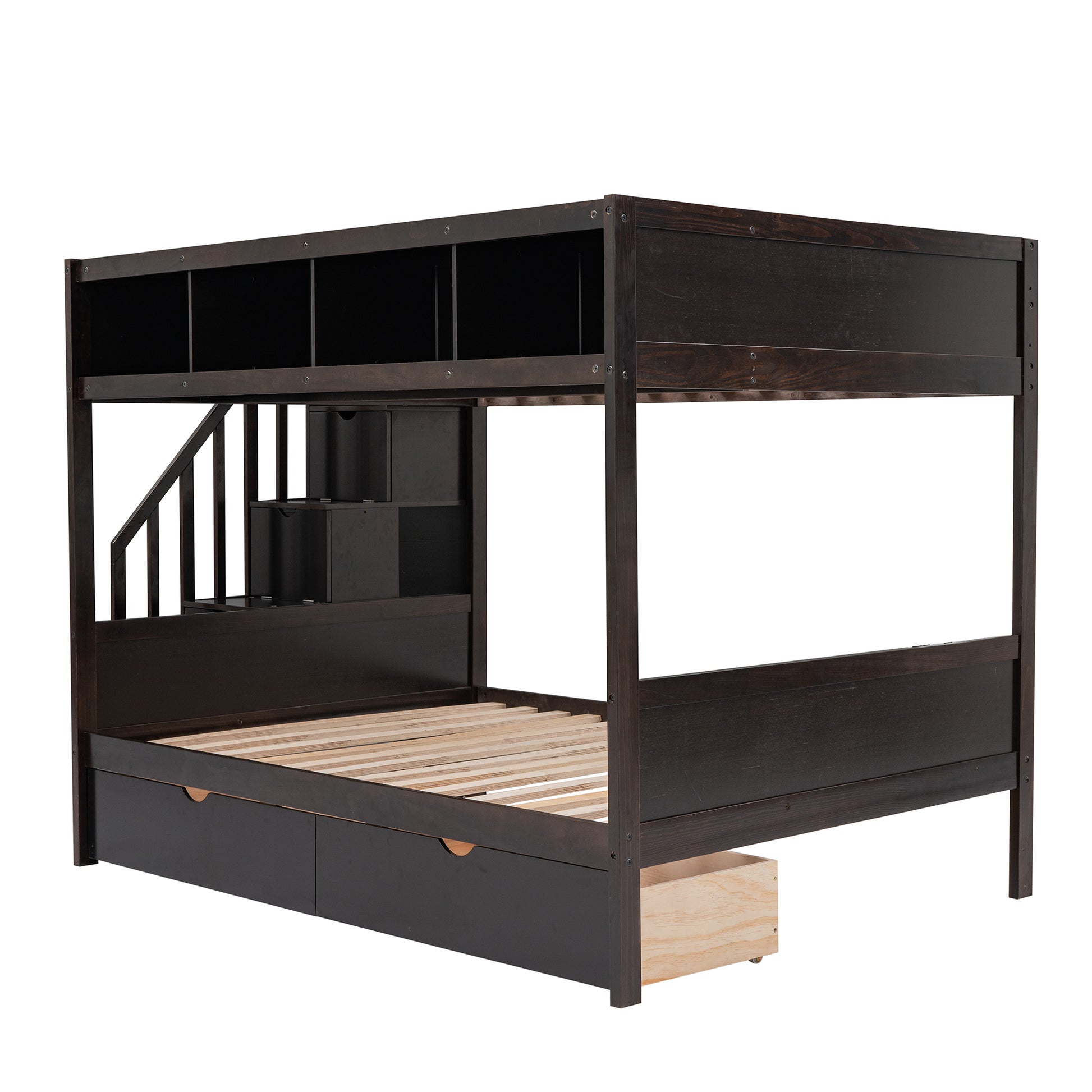 Twin Over Full Bunk Bed With Shelfs, Storage Staircase And 2 Drawers, Espresso Espresso Solid Wood Mdf