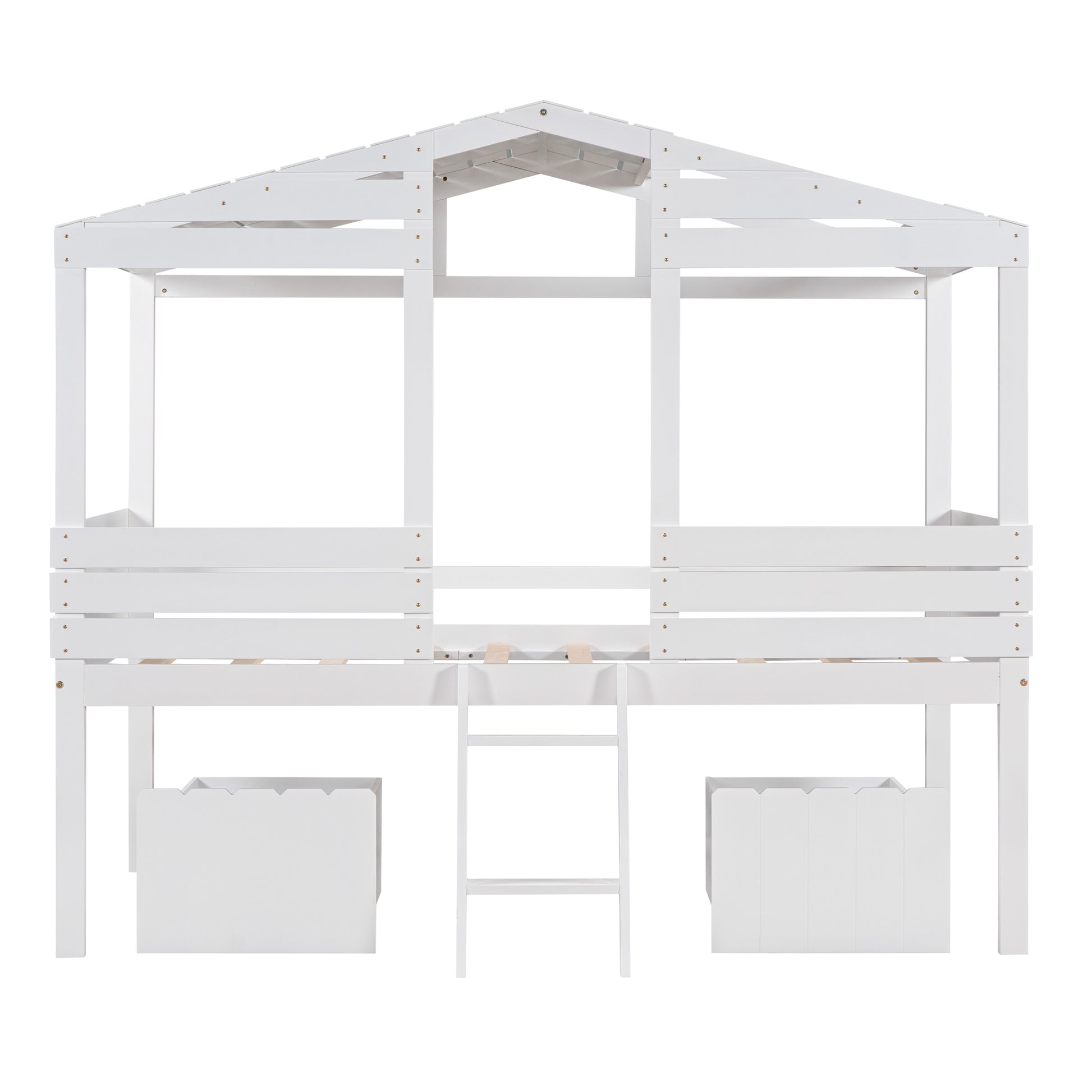 Twin Size Low Loft Wood House Bed With Two Drawers, White White Solid Wood
