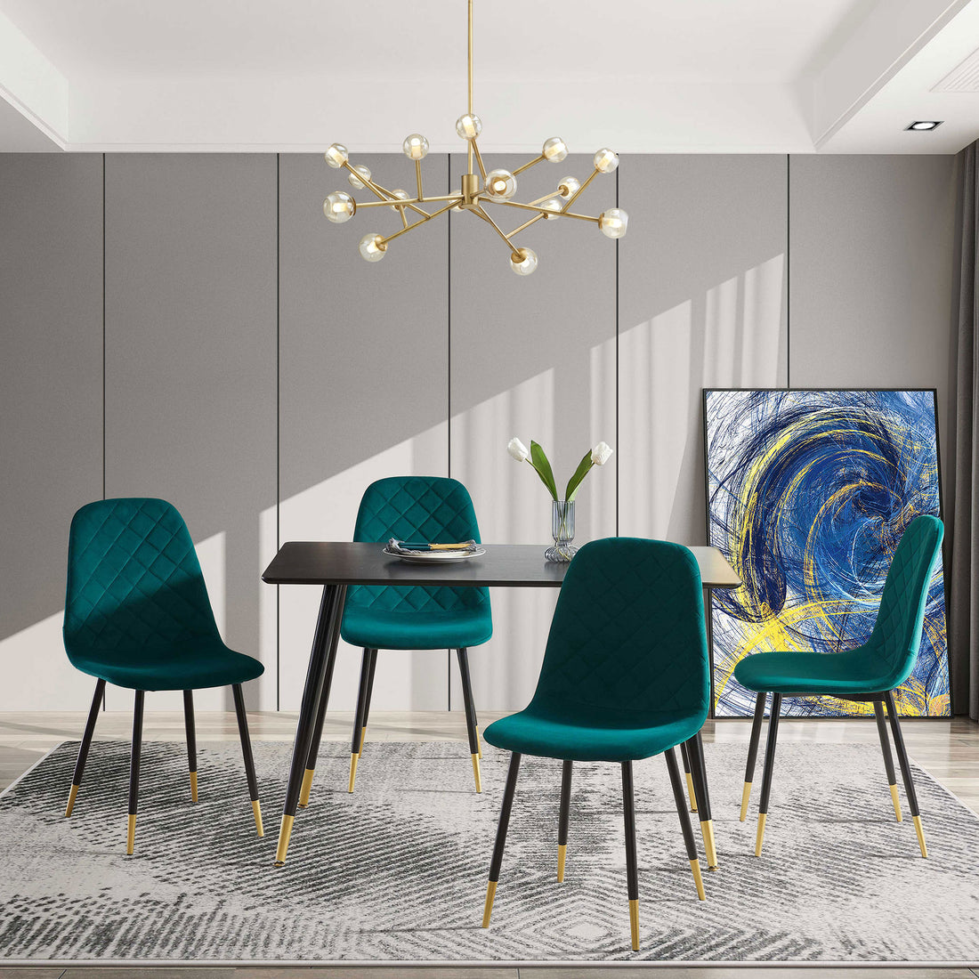 Dark Green Velvet Tufted Accent Chairs With Golden Color Metal Legs, Modern Dining Chairs For Living Room,Set Of 4 Metal Plaid Dark Green Dining Room Powder Coated Foam Dry Clean Modern Dining Chairs Solid Back Foam Velvet