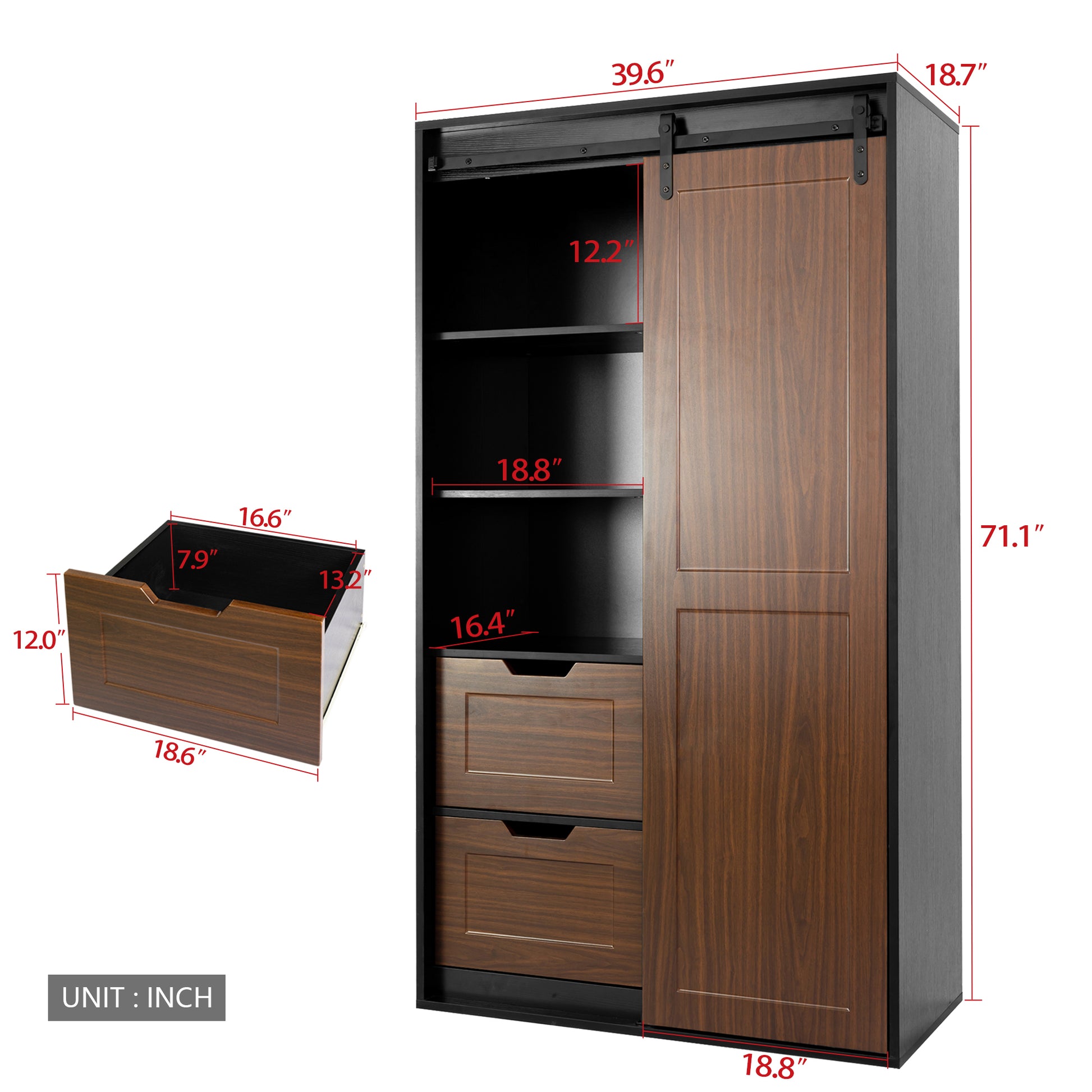 71 Inch Closets,Large Closetslaundry Cabinets,Plastic Suction Process,Farmslide Barndoors,Saveopenspace,Brand Hardware,Silent Slide,Can Be Used For The Bedroom,Cloakroom,Livingroom,Color:Black Brown 5 Or More Spaces Black Brown Brown Drawers Included