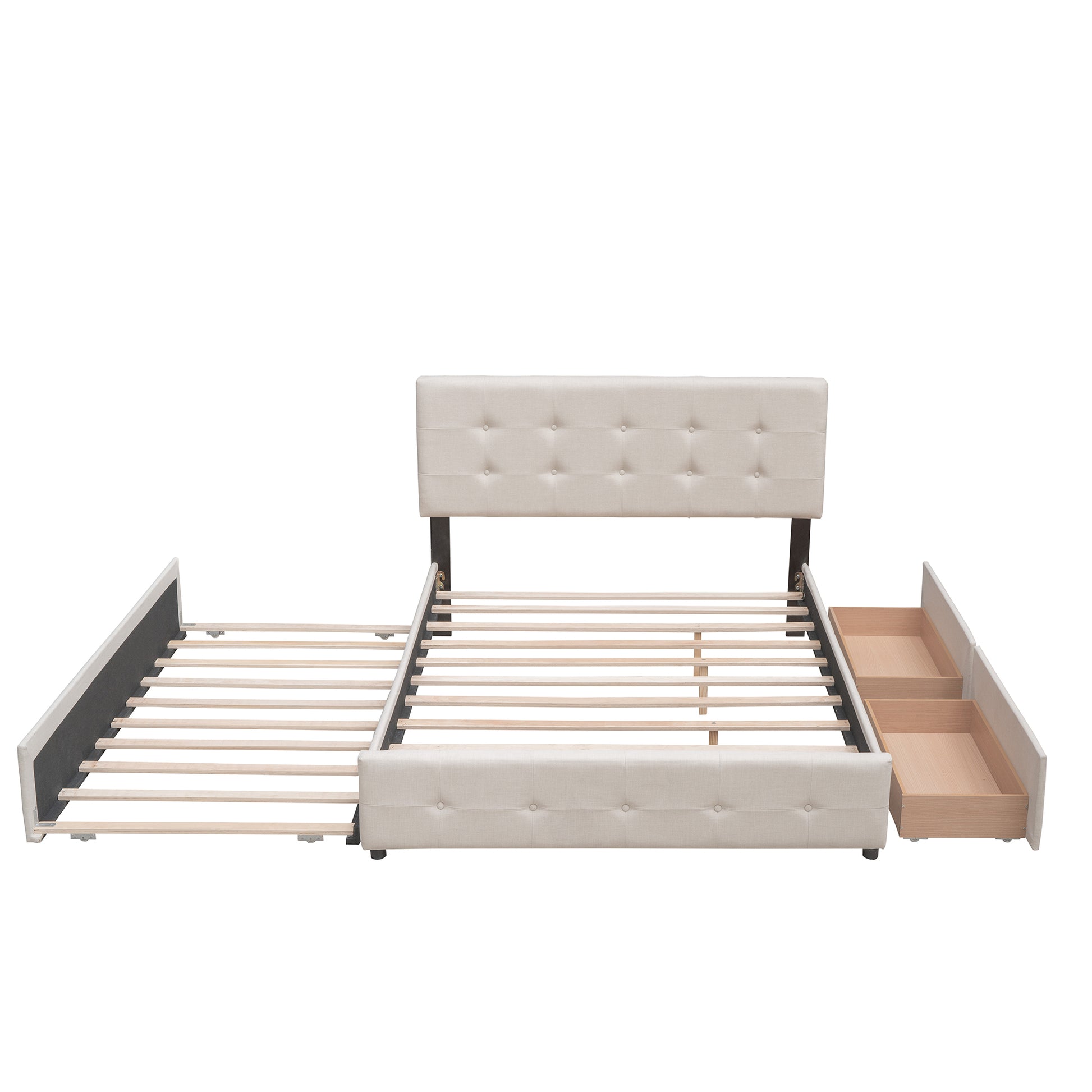 Upholstered Platform Bed With 2 Drawers And 1 Twin Xl Trundle, Linen Fabric, Queen Size Dark Beige Old Sku :Lp000314Aaa Beige Upholstered