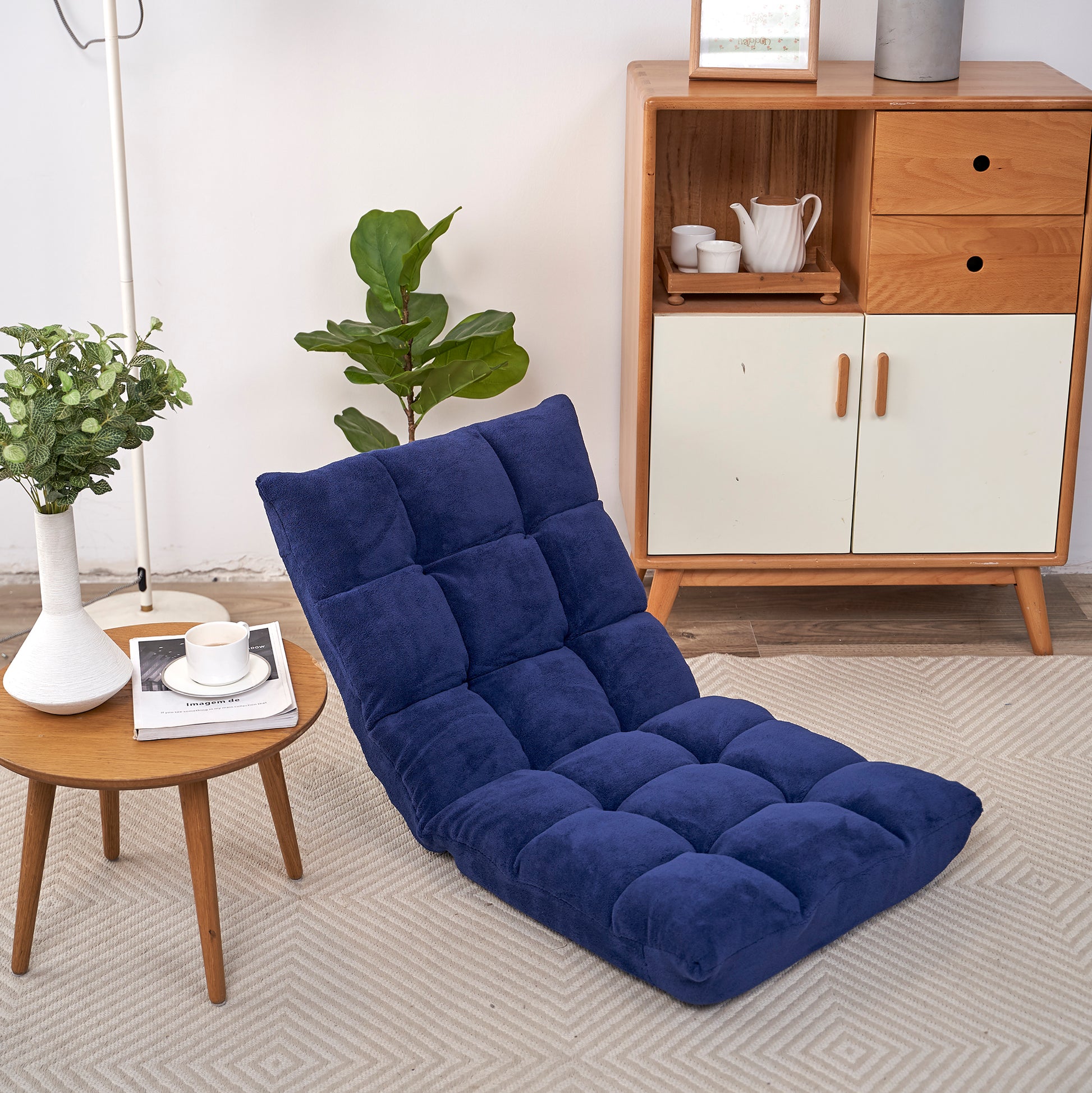 Modern Folding Lounge Chaise For Living Room And Bedroom,5 Reclining Position, Djustable Foldable Modern Leisure Sofa Video Gaming Sofa Navy Cotton Metal