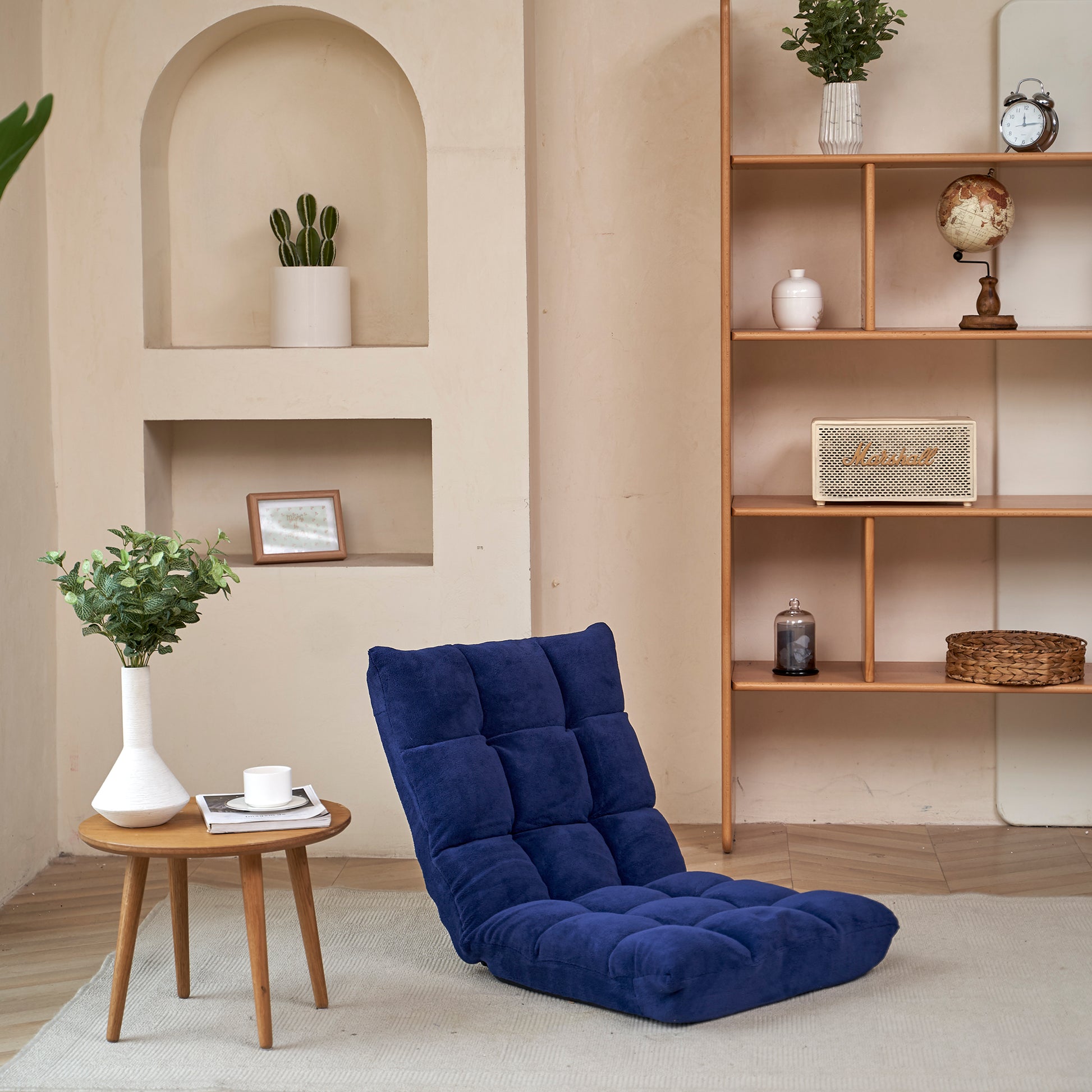 Modern Folding Lounge Chaise For Living Room And Bedroom,5 Reclining Position, Djustable Foldable Modern Leisure Sofa Video Gaming Sofa Navy Cotton Metal