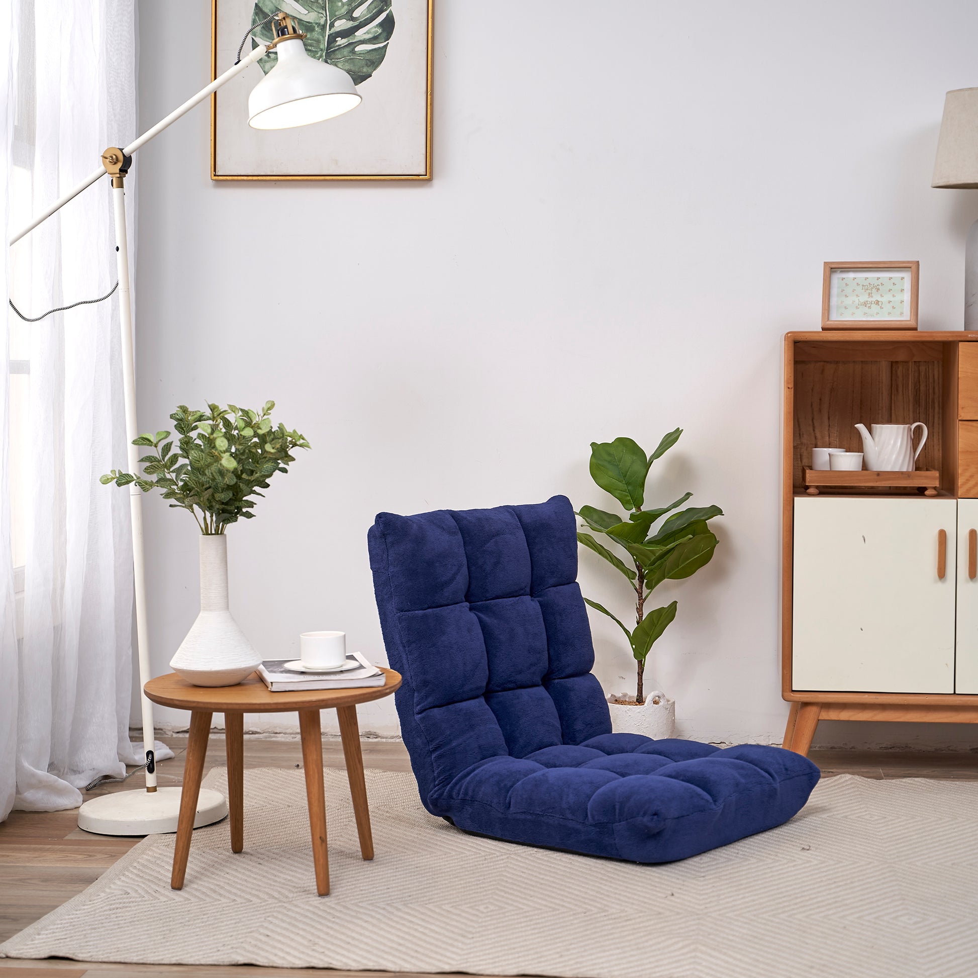 Modern Folding Lounge Chaise For Living Room And Bedroom,5 Reclining Position, Djustable Foldable Modern Leisure Sofa Video Gaming Sofa Navy Cotton Metal