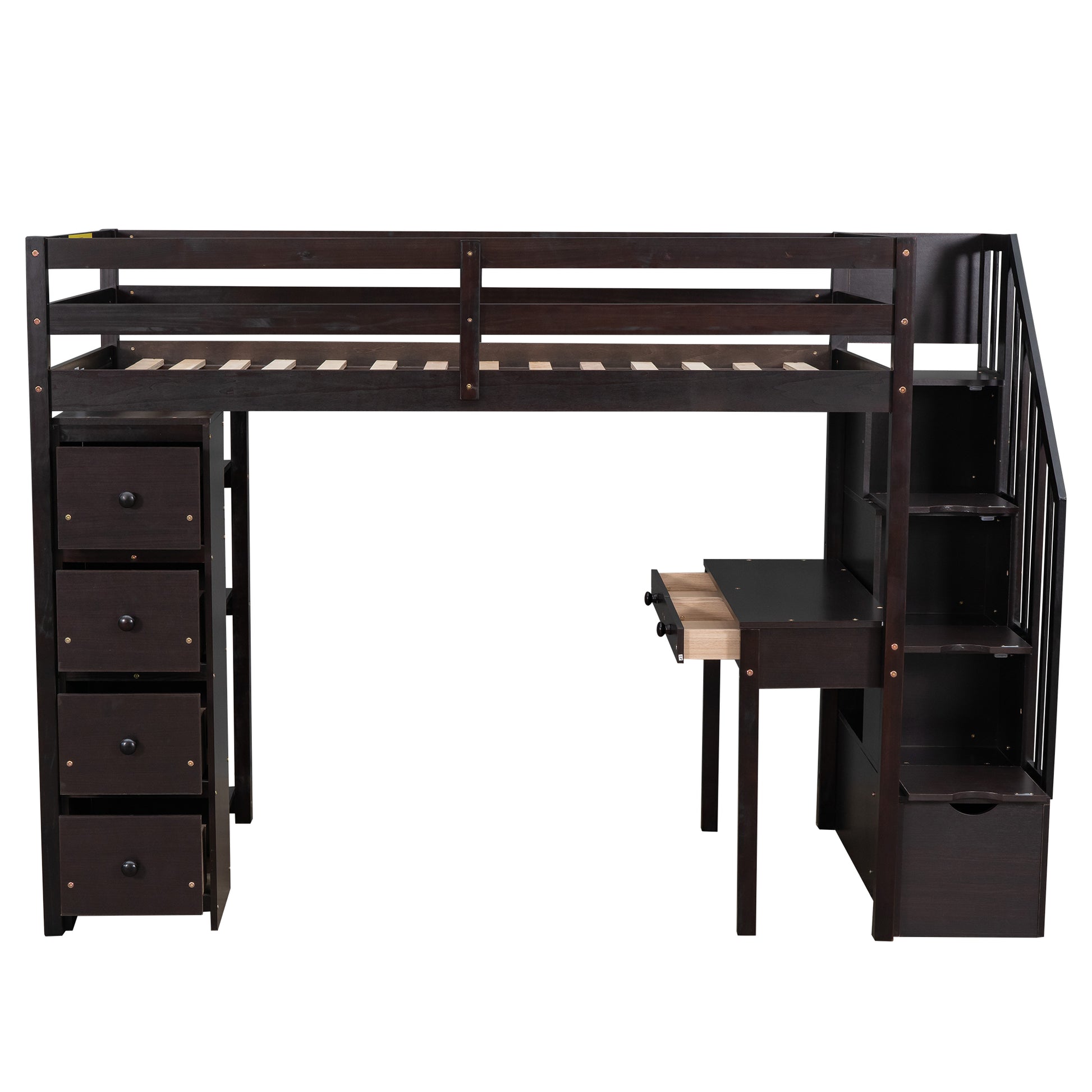 Twin Size Loft Bed With Storage Drawers ,Desk And Stairs, Wooden Loft Bed With Shelves Espresso Espresso Solid Wood